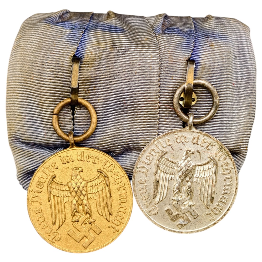 Third Reich Nazi 2 Place Medal Bar Wehrmacht Long Service: A mounted two-place medal bar featuring the Wehrmacht Dienstauszeichnung (Long Service Award) medals for 4 years (in what appears to be silvered finish) and 12 years (in what appears to be gilt bronze