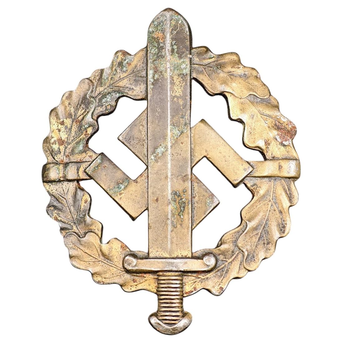 SA Sport Badge in Bronze – Third Reich Nazi Era Badge: A SA-Sportabzeichen (SA Sports Badge) in what appears to be bronze grade, featuring an oak leaf wreath surrounding a mobile swastika overlaid with a sword. The reverse is maker-marked "W. REDO SAARLAU