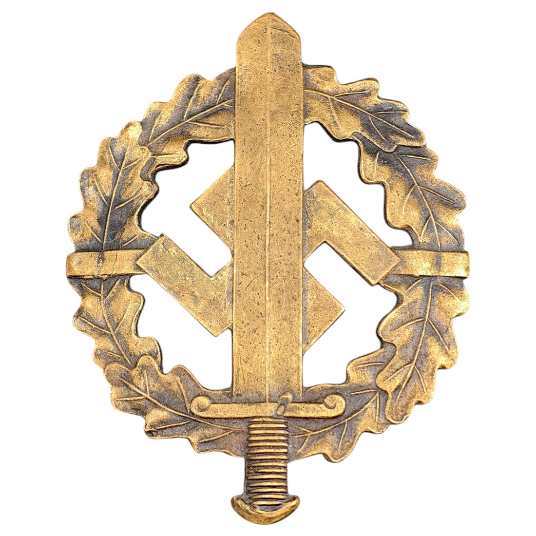 SA Sport Badge in Bronze – Third Reich Nazi Era Badge: A SA-Sportabzeichen (SA Sports Badge) in what appears to be bronze grade, featuring an oak leaf wreath surrounding a mobile swastika overlaid with a sword. The reverse is maker-marked "W. REDO SAARLAU
