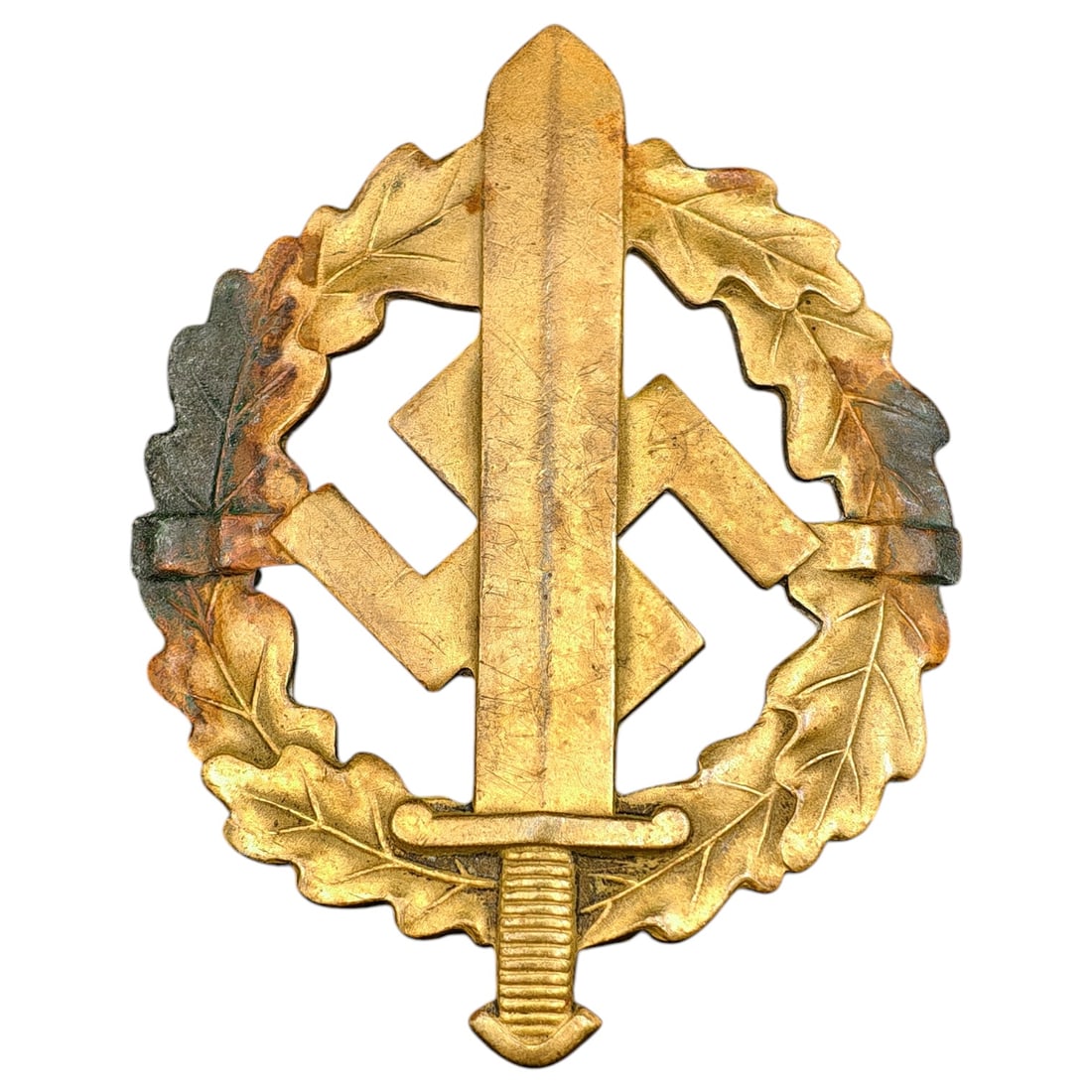 SA Sport Badge in Bronze – Third Reich Nazi Era Badge: A SA-Sportabzeichen (SA Sports Badge) in what appears to be bronze grade, featuring an oak leaf wreath surrounding a mobile swastika overlaid with a sword. The reverse is maker-marked "W. REDO SAARLAU