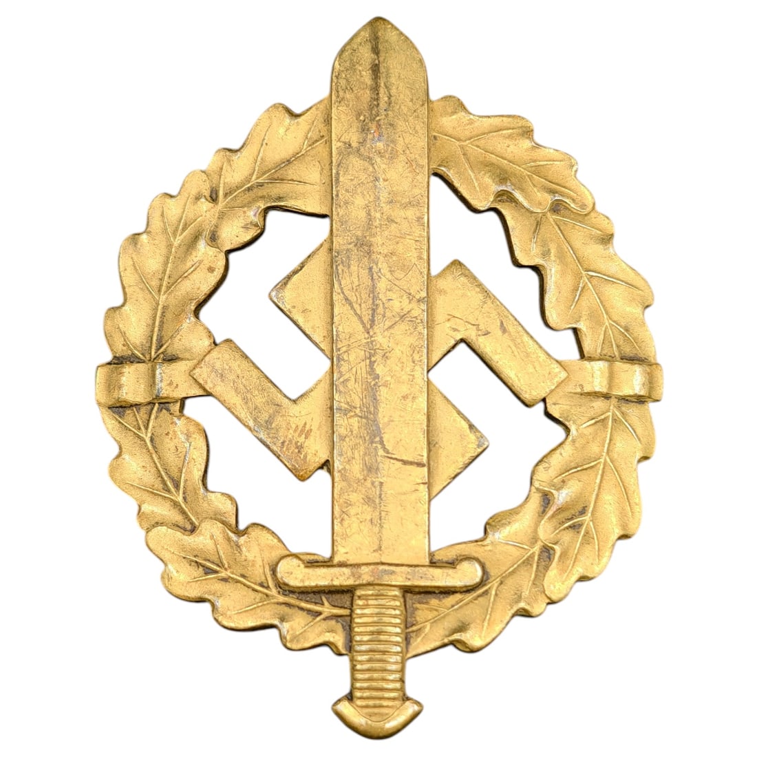 SA Sport Badge in Bronze – Third Reich Nazi Era Badge: A SA-Sportabzeichen (SA Sports Badge) in what appears to be bronze grade, featuring an oak leaf wreath surrounding a mobile swastika overlaid with a sword. The reverse is maker-marked "W. REDO SAARLAU