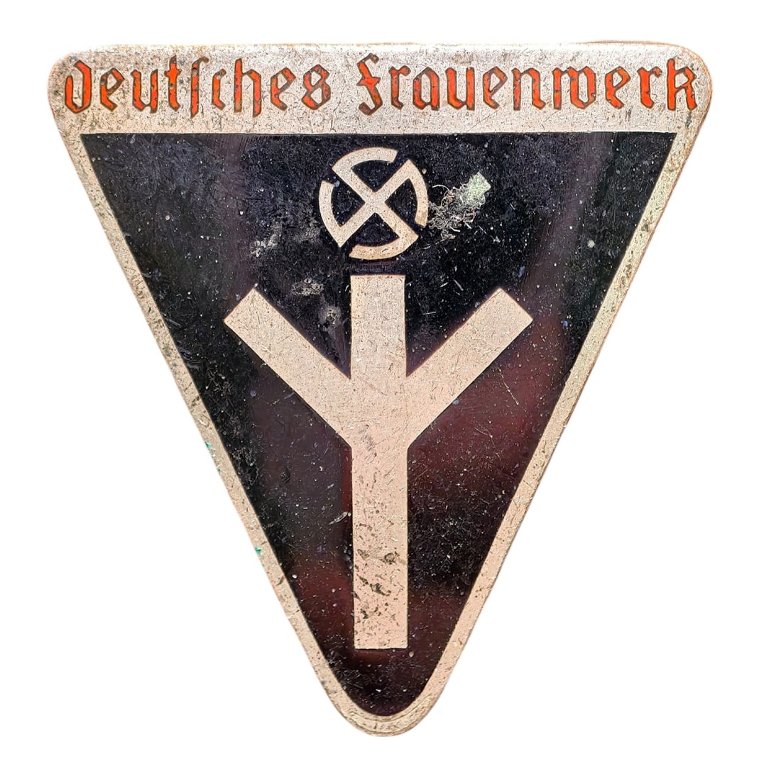 Third Reich Nazi Deutsches Frauenschaft Badge: A triangular member's badge for the Deutsches Frauenwerk (German Women's League), with enameled black and dark red-brown fields, a raised life-rune symbol, and a mobile swastika above it. The letterin