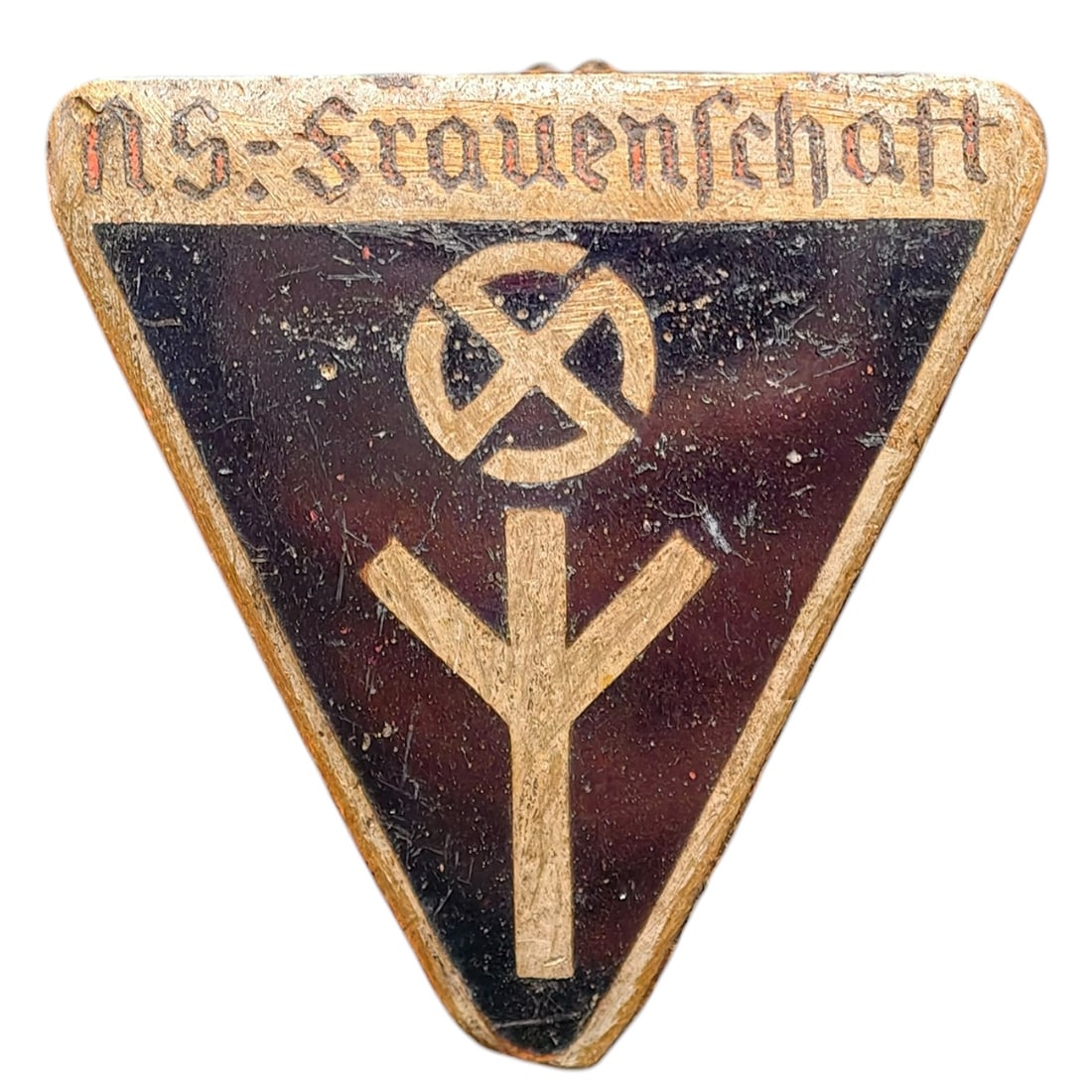Third Reich Nazi Deutsches Frauenschaft Badge: A triangular member's badge for the Deutsches Frauenwerk (German Women's League), with enameled black and dark red-brown fields, a raised life-rune symbol, and a mobile swastika above it. The letterin