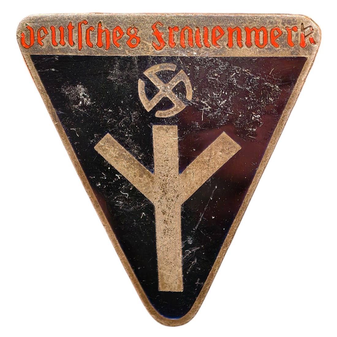 Third Reich Nazi Deutsches Frauenschaft Badge: A triangular member's badge for the Deutsches Frauenwerk (German Women's League), with enameled black and dark red-brown fields, a raised life-rune symbol, and a mobile swastika above it. The letterin