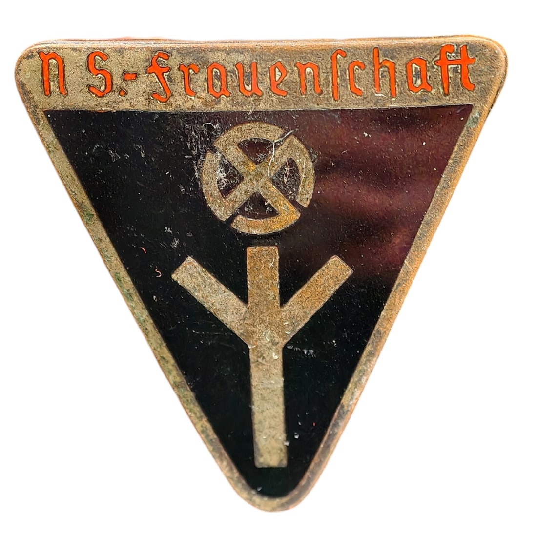 Third Reich Nazi Deutsches Frauenschaft Badge: A triangular member's badge for the Deutsches Frauenwerk (German Women's League), with enameled black and dark red-brown fields, a raised life-rune symbol, and a mobile swastika above it. The letterin