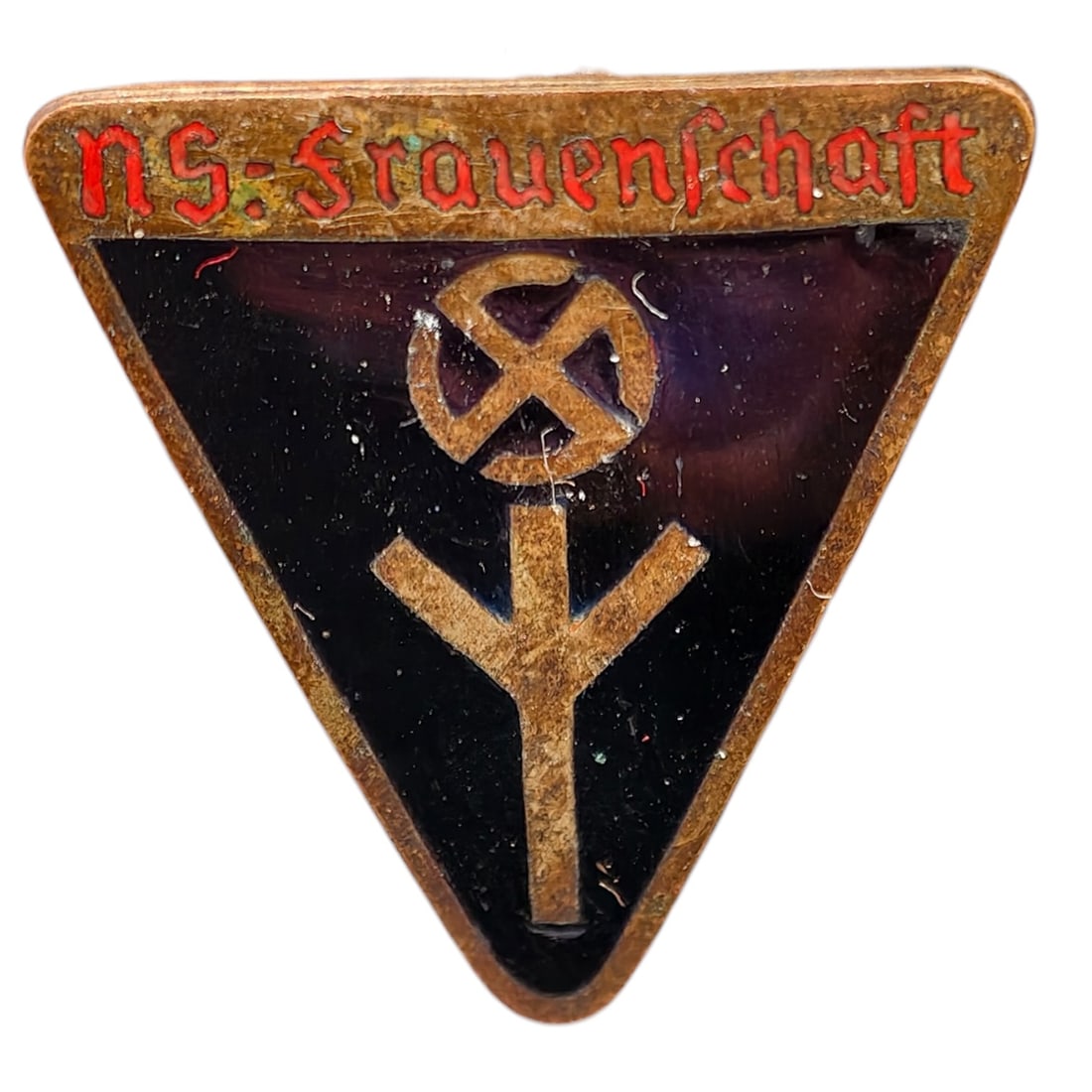 Third Reich Nazi Deutsches Frauenschaft Badge: A triangular member's badge for the Deutsches Frauenwerk (German Women's League), with enameled black and dark red-brown fields, a raised life-rune symbol, and a mobile swastika above it. The letterin
