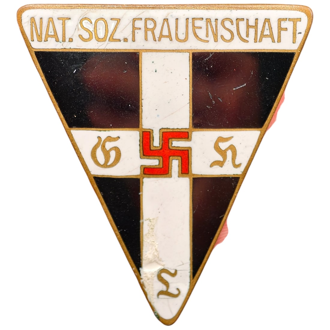 NSDAP Frauenschaft Badge: Triangular enameled membership badge for the Nationalsozialistische Frauenschaft (Nazi women's organization), inscribed 'NAT. SOZ. FRAUENSCHAFT' along the top edge. The badge features a black, white, 