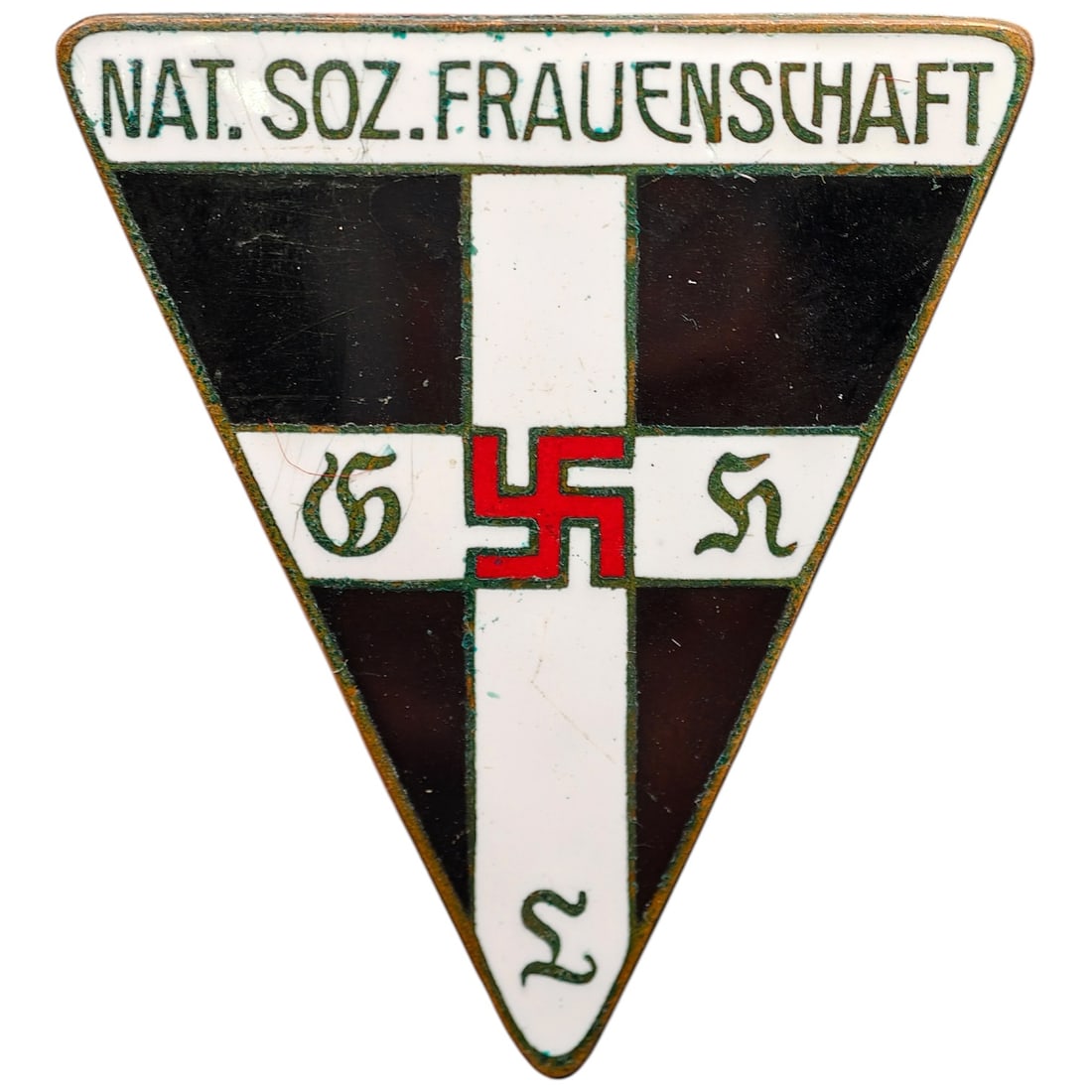 NSDAP Frauenschaft Badge: Triangular enameled membership badge for the Nationalsozialistische Frauenschaft (Nazi women's organization), inscribed 'NAT. SOZ. FRAUENSCHAFT' along the top edge. The badge features a black, white, 