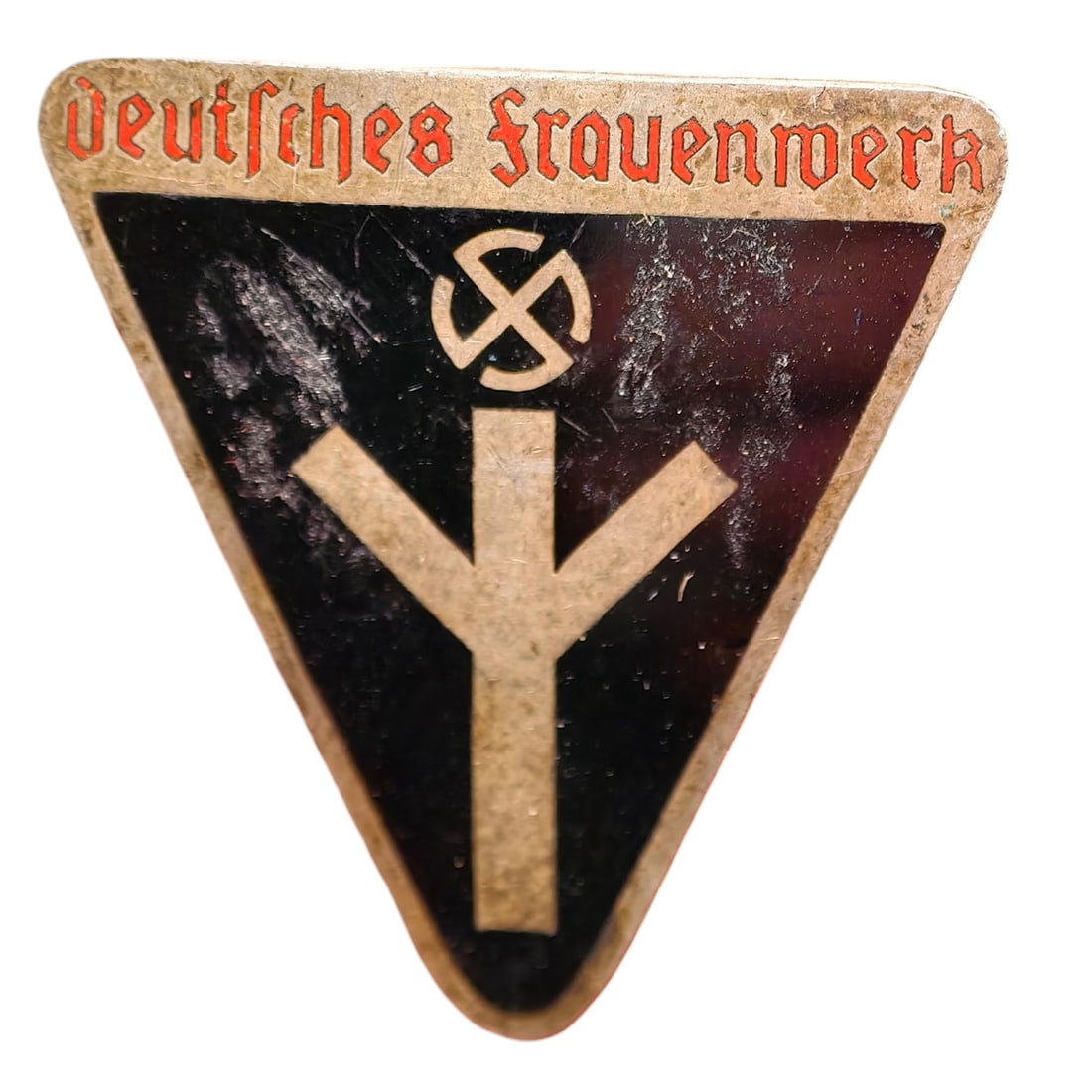 Third Reich Nazi Deutsches Frauenschaft Badge: Triangular member's badge for the Deutsches Frauenwerk (German Women's League), with red Fraktur script lettering on a tan/gilt border and a black enamel field bearing a stylized life-rune (Lebensrune