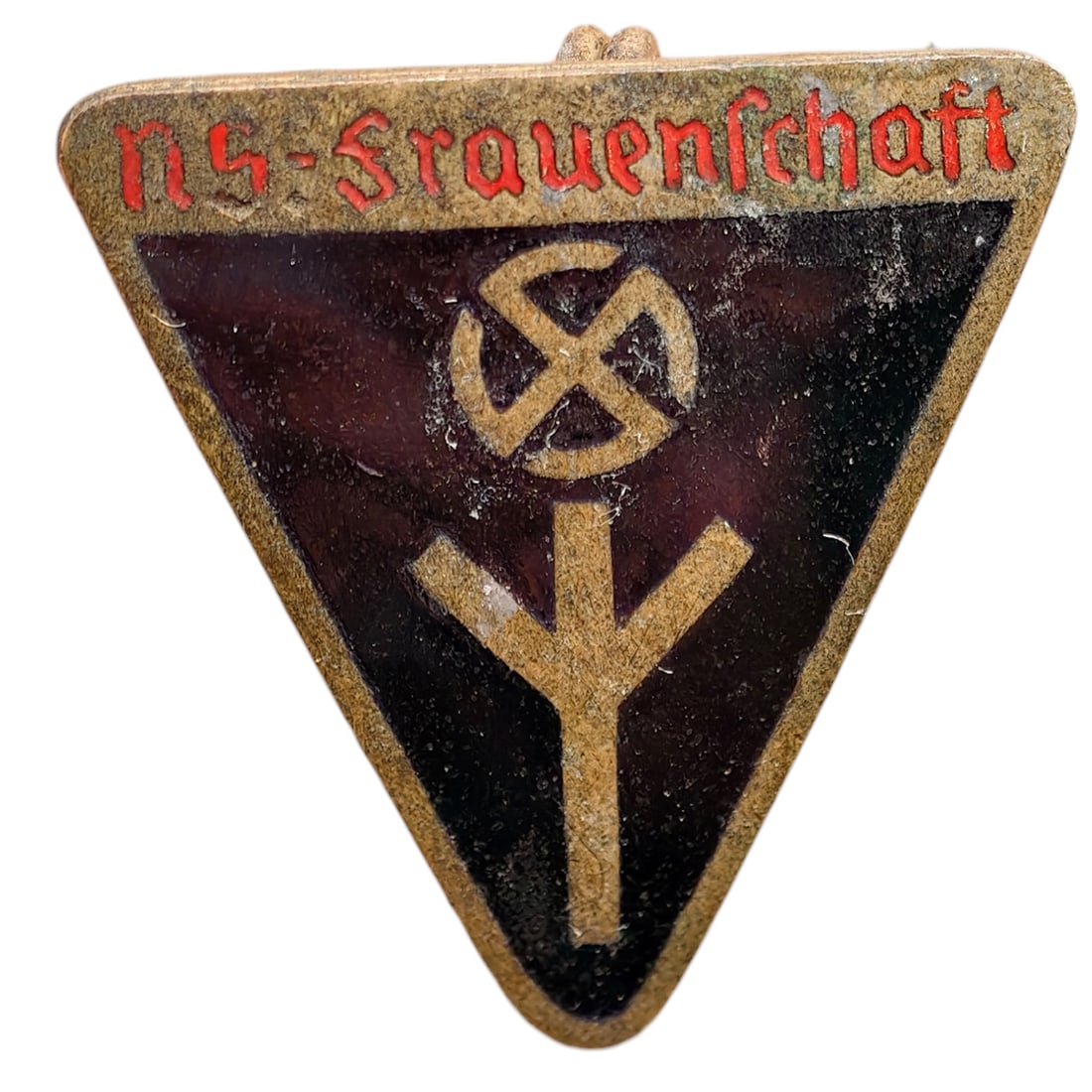 German WWII NS Frauenschaft Badge: Triangular membership badge for the NS-Frauenschaft (National Socialist Women's League), with red painted lettering reading 'NS-Frauenschaft' over a black enameled field bearing a stylized mobile swas