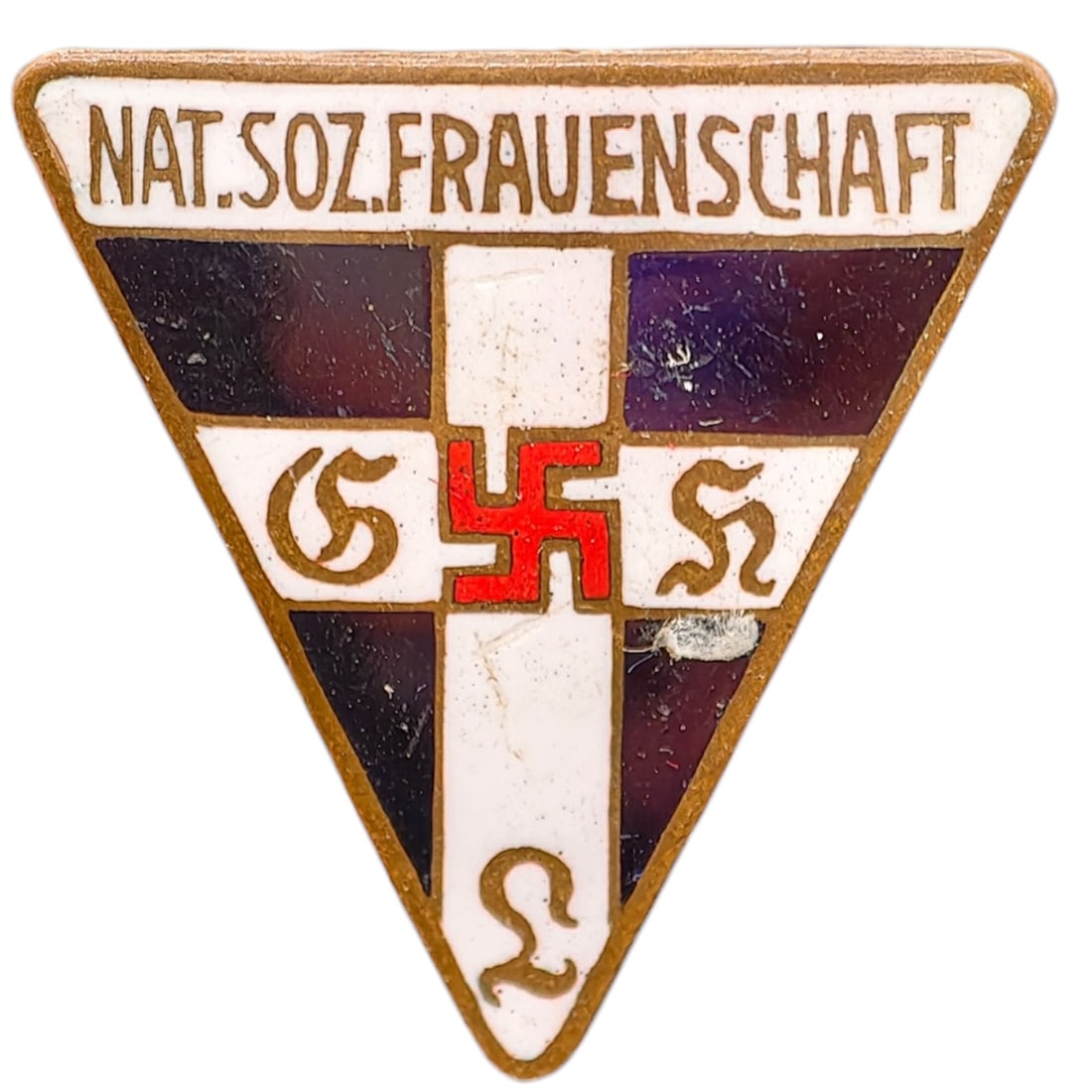 Third Reich Nazi NS Frauenschaft Pin Badge: Triangular enamel membership badge for the Nationalsozialistische Frauenschaft (NS Women's League), inscribed "NAT.SOZ.FRAUENSCHAFT" to the top border. Front features red, white, and purple enamel sec