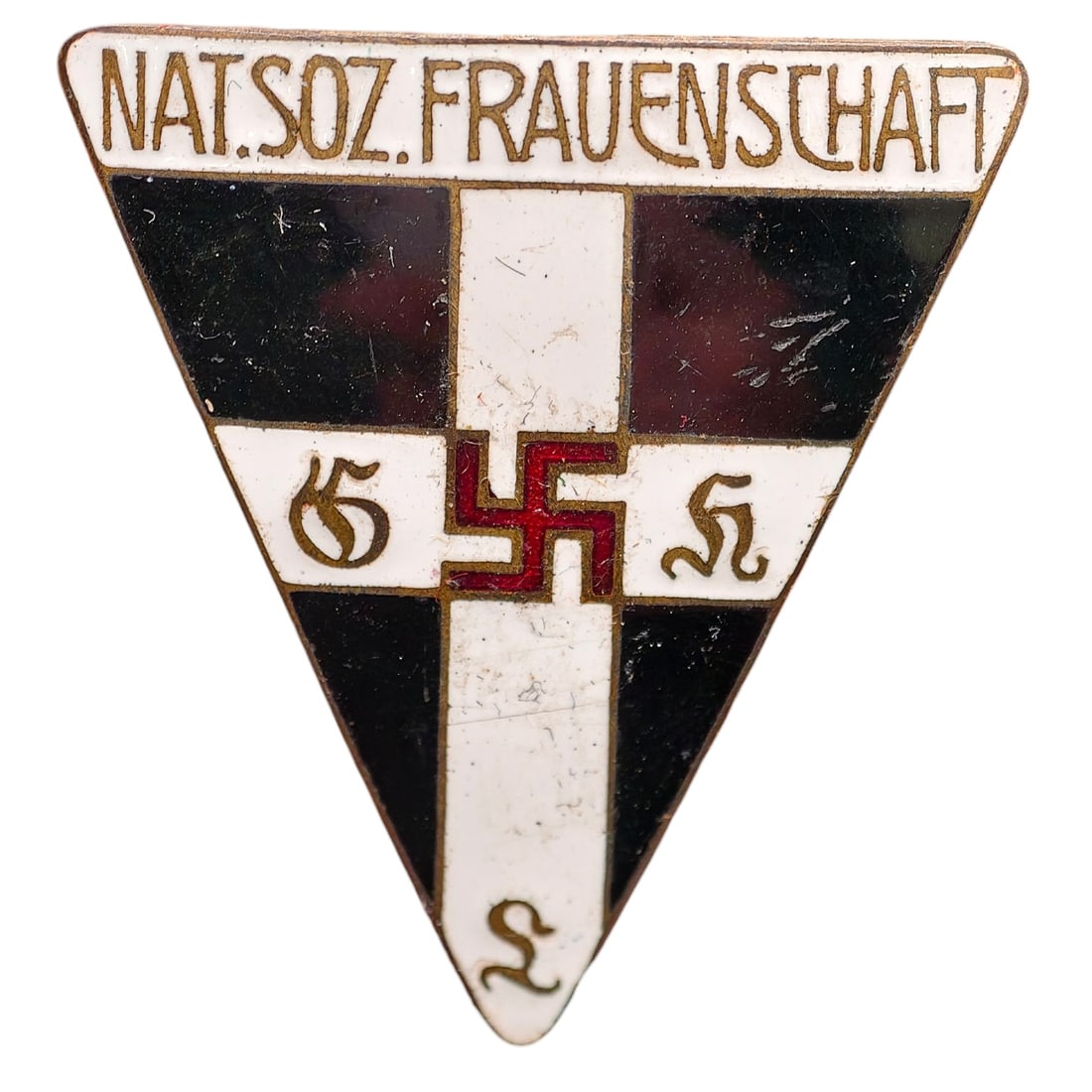 Third Reich Nazi NS Frauenschaft Pin Badge: Triangular enamel membership badge for the Nationalsozialistische Frauenschaft (NS Women's League), inscribed "NAT.SOZ.FRAUENSCHAFT" to the top border. Front features red, white, and purple enamel sec