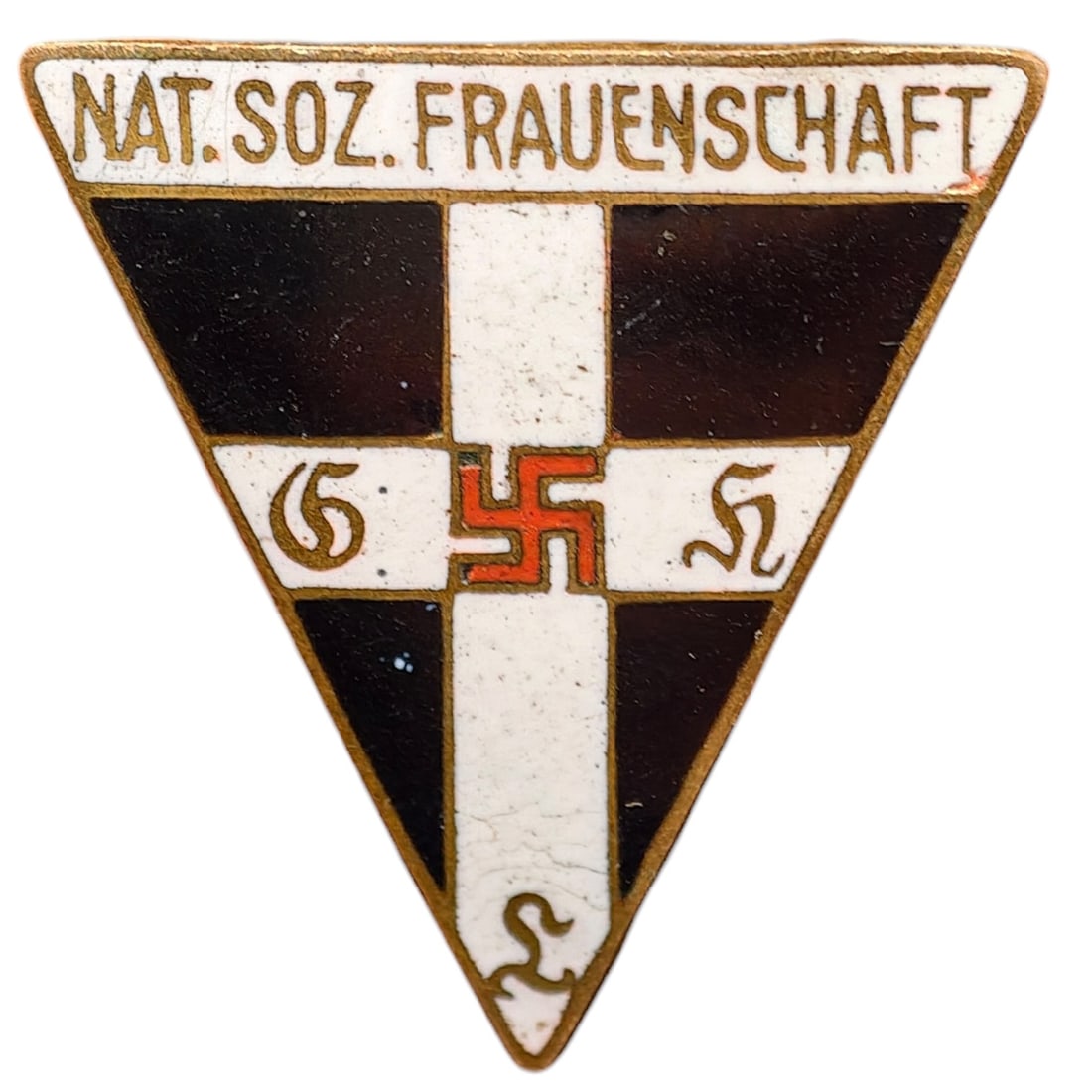 Third Reich Nazi NS Frauenschaft Pin Badge: Triangular membership badge for the Nationalsozialistische Frauenschaft (NS Women's League), inscribed "NAT. SOZ. FRAUENSCHAFT" along the top edge with black, white, and red enamel cross design center