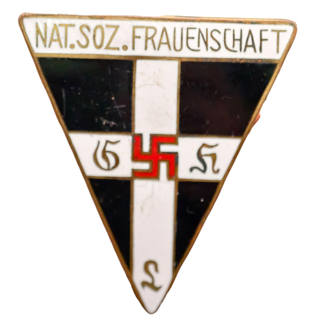 Third Reich Nazi NS Frauenschaft Pin Badge: Triangular membership badge for the Nationalsozialistische Frauenschaft (NS Women's League), inscribed "NAT. SOZ. FRAUENSCHAFT" along the top edge with black, white, and red enamel cross design center