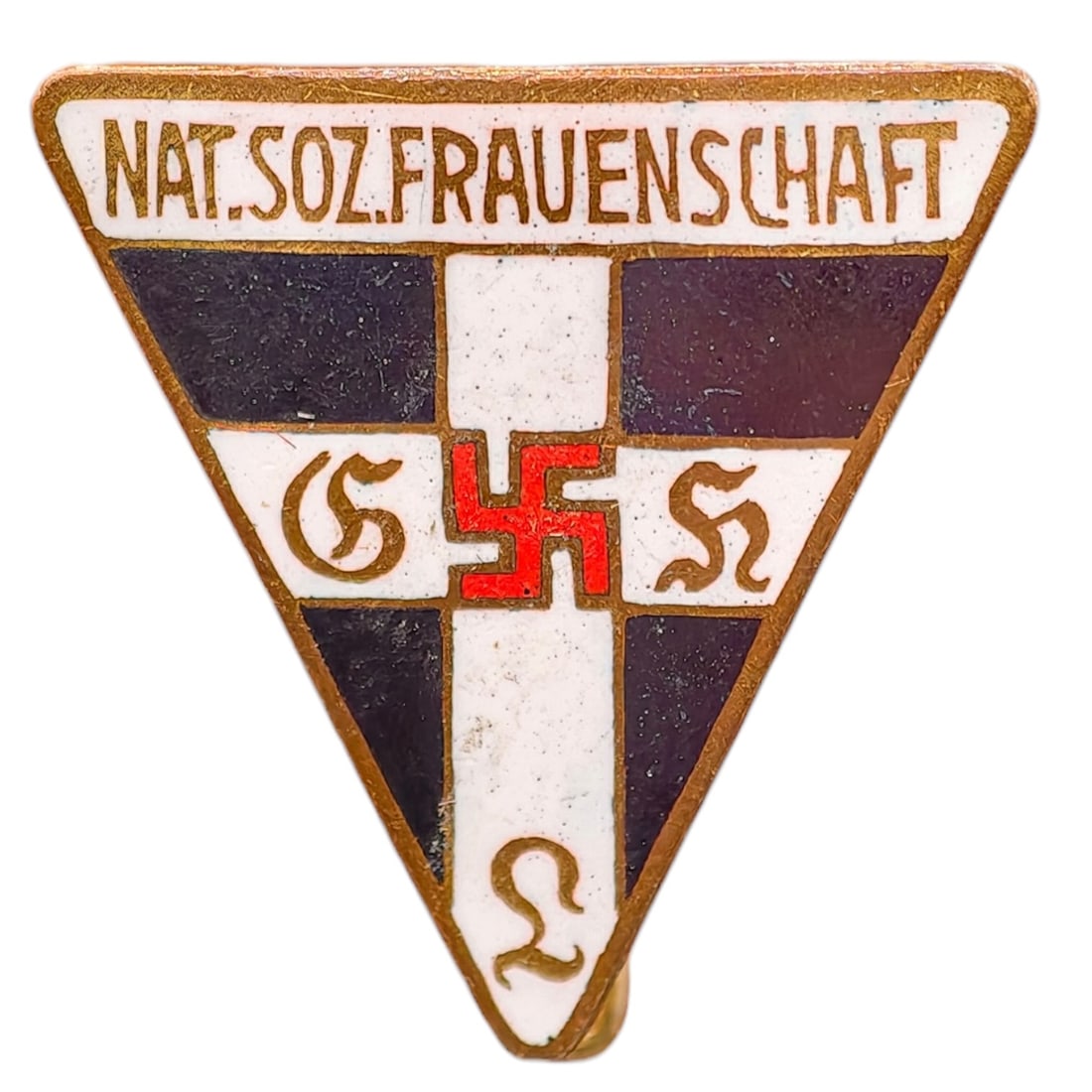 Third Reich Nazi NS Frauenschaft Pin Badge: Triangular membership badge for the Nationalsozialistische Frauenschaft (NS Women's League), inscribed "NAT. SOZ. FRAUENSCHAFT" along the top edge with black, white, and red enamel cross design center