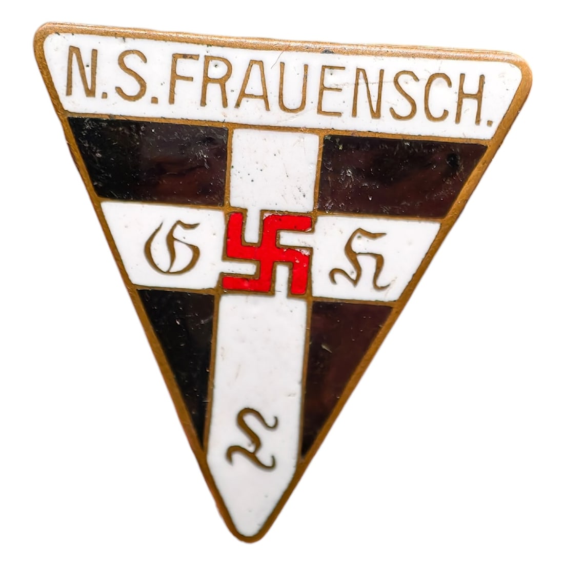 Third Reich Nazi NS Frauenschaft Pin Badge: Triangular membership badge for the Nationalsozialistische Frauenschaft (NS Women's League), inscribed "NAT. SOZ. FRAUENSCHAFT" along the top edge with black, white, and red enamel cross design center