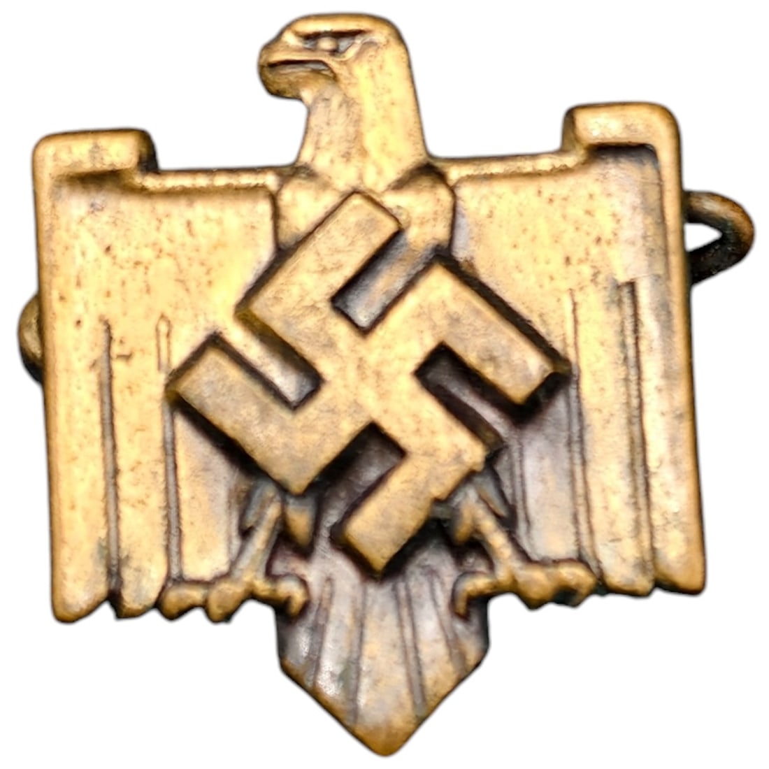 Third Reich Nazi DRL Sport Pin: Small stickpin badge depicting a stylized eagle with spread wings clutching a swastika, reverse marked "DRL"