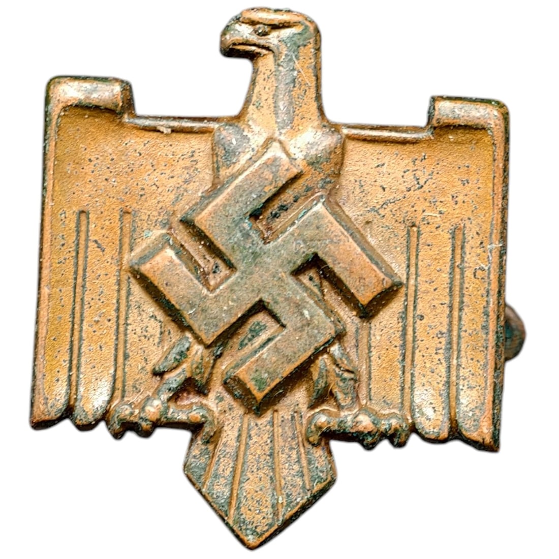 Third Reich Nazi DRL Sport Pin: Small stickpin badge depicting a stylized eagle with spread wings clutching a swastika, reverse marked "DRL"