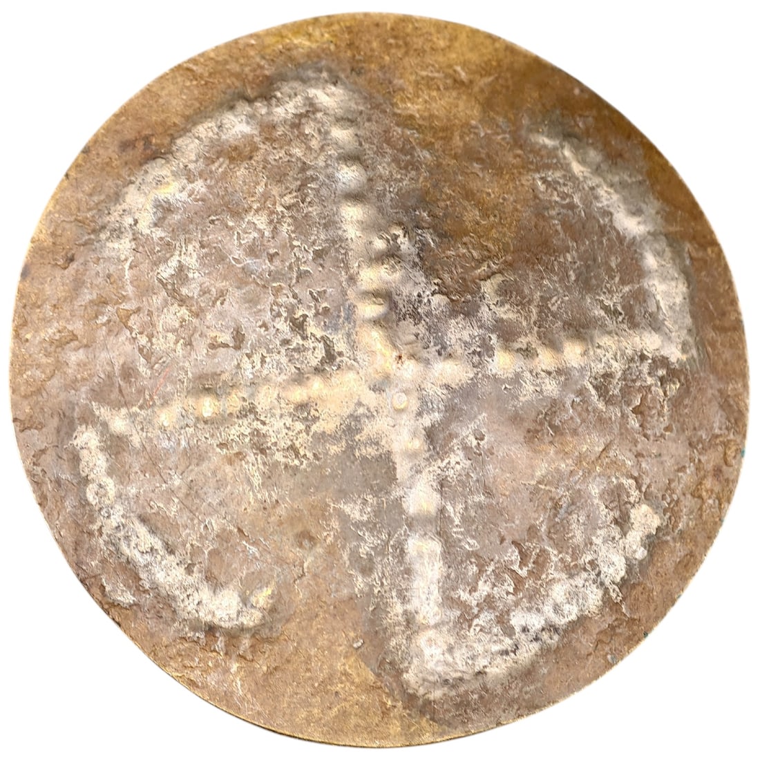Third Reich Nazi Rune Broach: A round badge in what appears to be brass or bronze-toned metal with a raised beaded cross design across the face, for wear as a brooch. No visible maker marks or manufacturer stamps are present in th