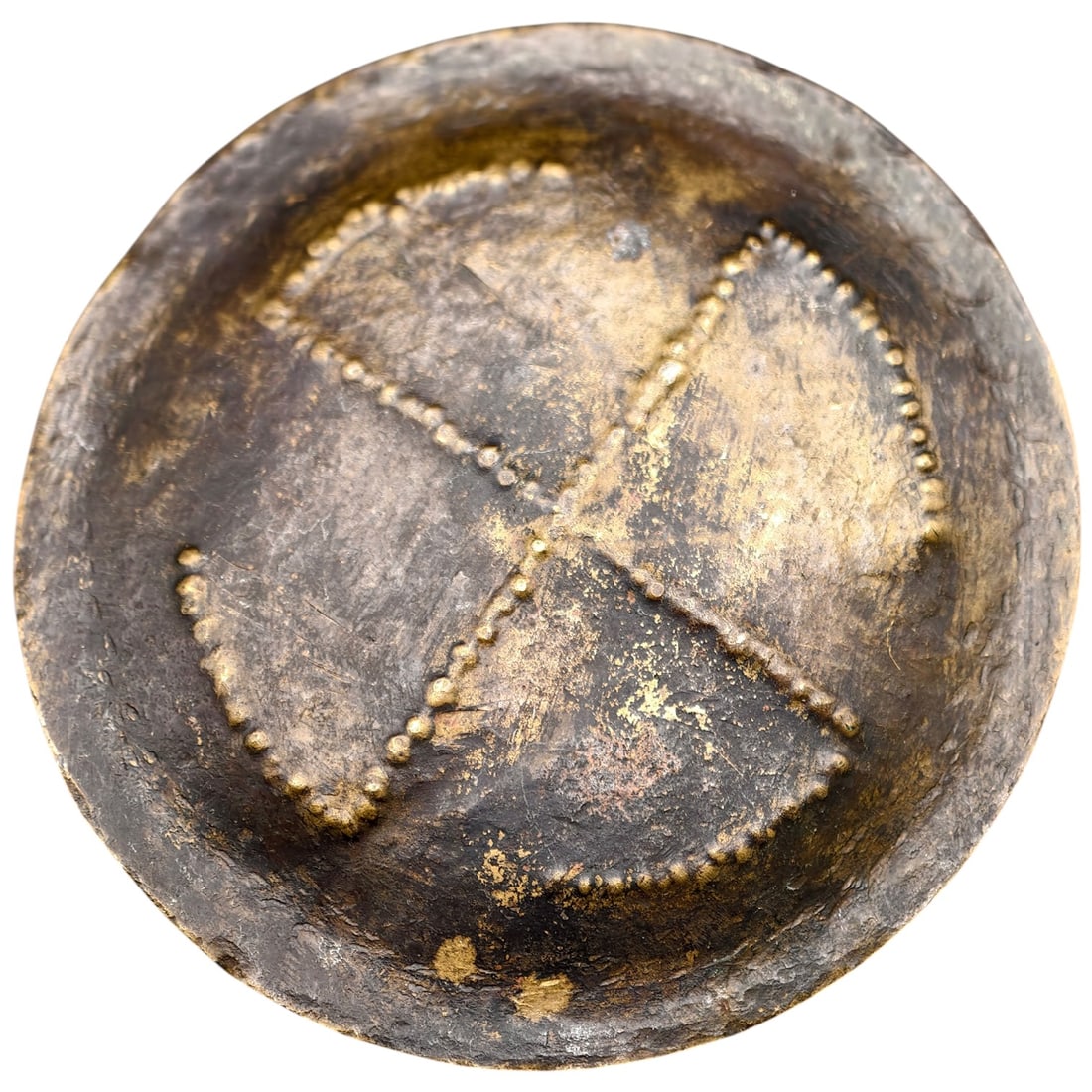 Third Reich Nazi Rune Broach: A domed circular metal badge featuring a raised beaded/dotted cross motif dividing the face into four quadrants. No visible maker marks, hallmarks, or inscriptions are present in the photos. Construct