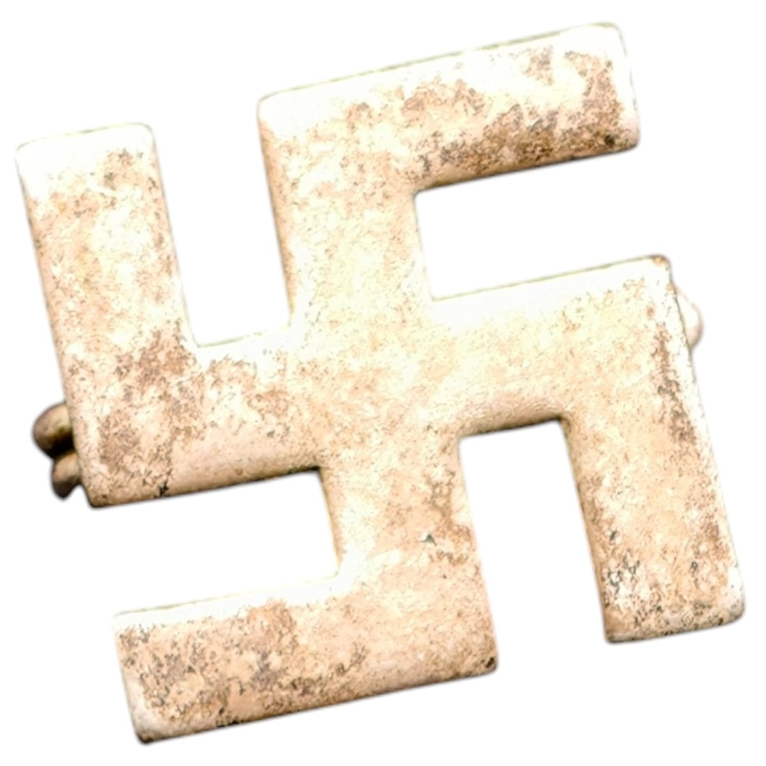 Third Reich Swastika Pin: A small stamped metal swastika-form pin badge, consistent with civilian or organizational membership badges of the period. The metal shows a white/silver-tone finish. No maker marks or manufacturer st