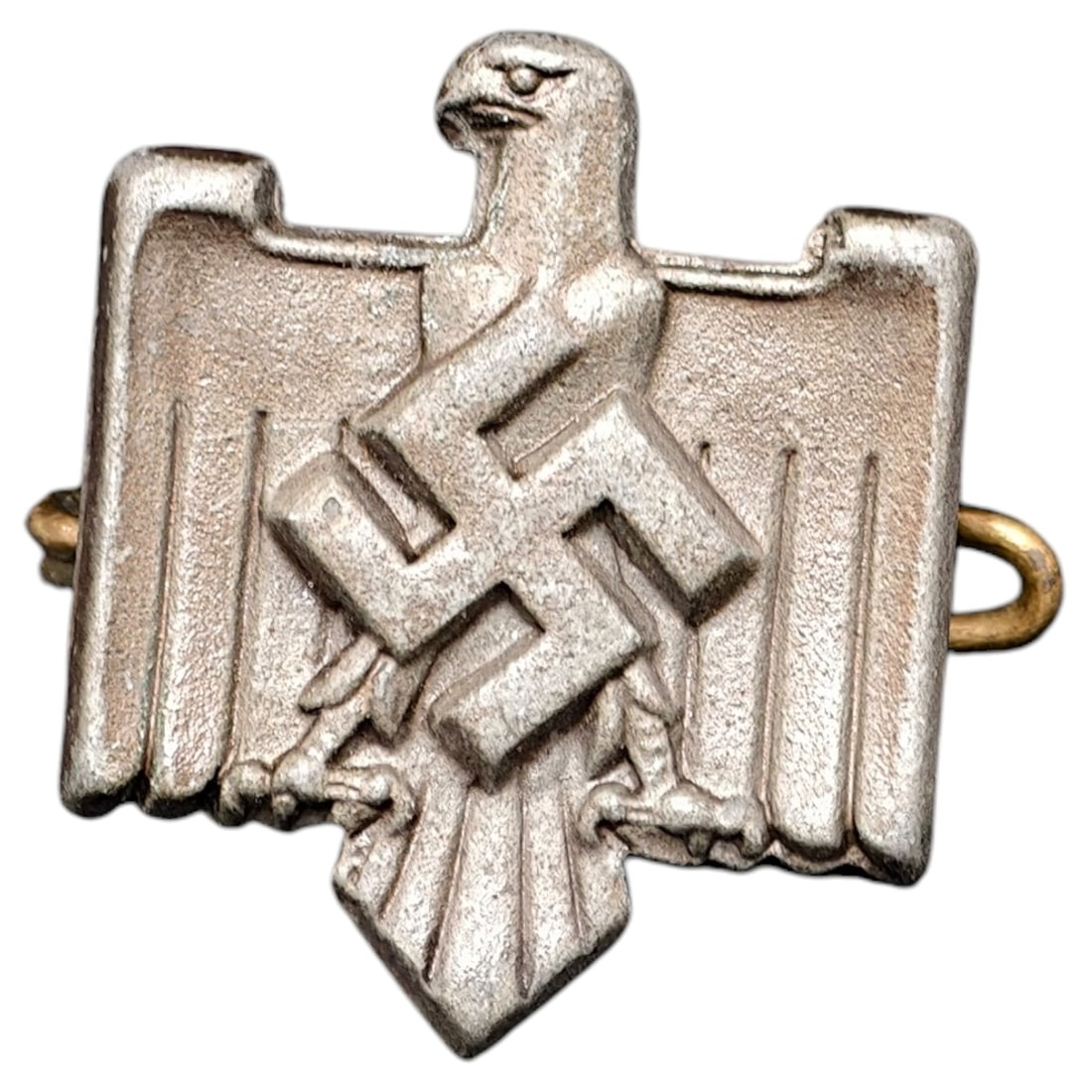 Third Reich Sport Association Pin: A small stamped metal pin badge featuring a stylized eagle with outstretched wings clutching a mobile swastika, reverse marked 'NSRL'