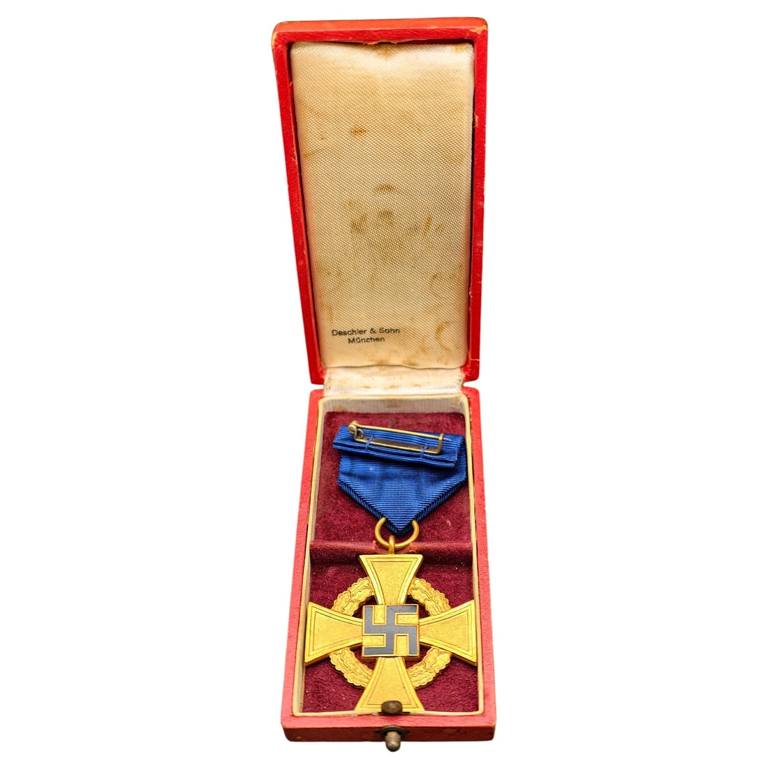 40 Year Faithful Service Medal – Third Reich Nazi Era Medal in Box: A cross in what appears to be gold tone civil service long-service cross ('Für treue Dienste') with central mobile swastika medallion within an oak leaf wreath, suspended from a blue moiré ribbon. H