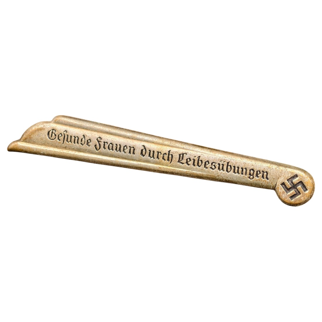 German WWII Commemorative Pin - 'Gesunde Frauen durch Leibesübungen': A cast metal tie/lapel bar pin with the inscription 'Gesunde Frauen durch Leibesübungen' (Healthy Women through Physical Exercise), a slogan associated with period women's fitness and sport promotion