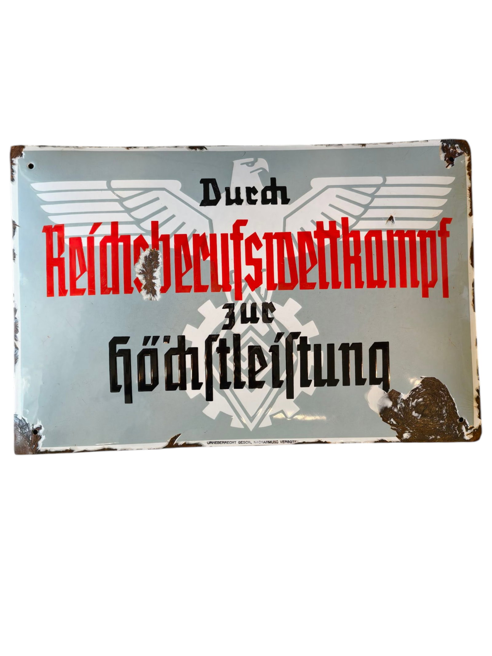 Hitler Youth Reichsberufswettkampf Enamel Sign: Nazi-era enamel sign connected with the Reichsberufswettkampf (RBW) — the “Reich Vocational Competition, ” a national contest organized in the 1930s and early 1940s by the German Labor Front