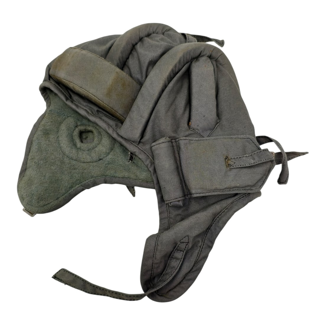 Russian WWII M1937 Tank Helmet: A Soviet-issue padded canvas tank crewman's helmet, model M1937, in grey/olive canvas with quilted padding and internal ear cups for communication equipment. Features leather-lined chin/ear flaps,