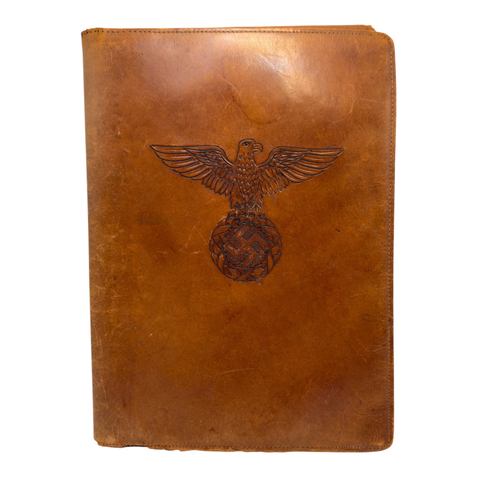 NSDAP Officer Leather Folder Portfolio with Locking Pocket: A large brown leather document folder/portfolio, embossed to the front cover with a stylized eagle grasping a wreathed swastika, in the style associated with NSDAP party emblems. No maker's marks are 