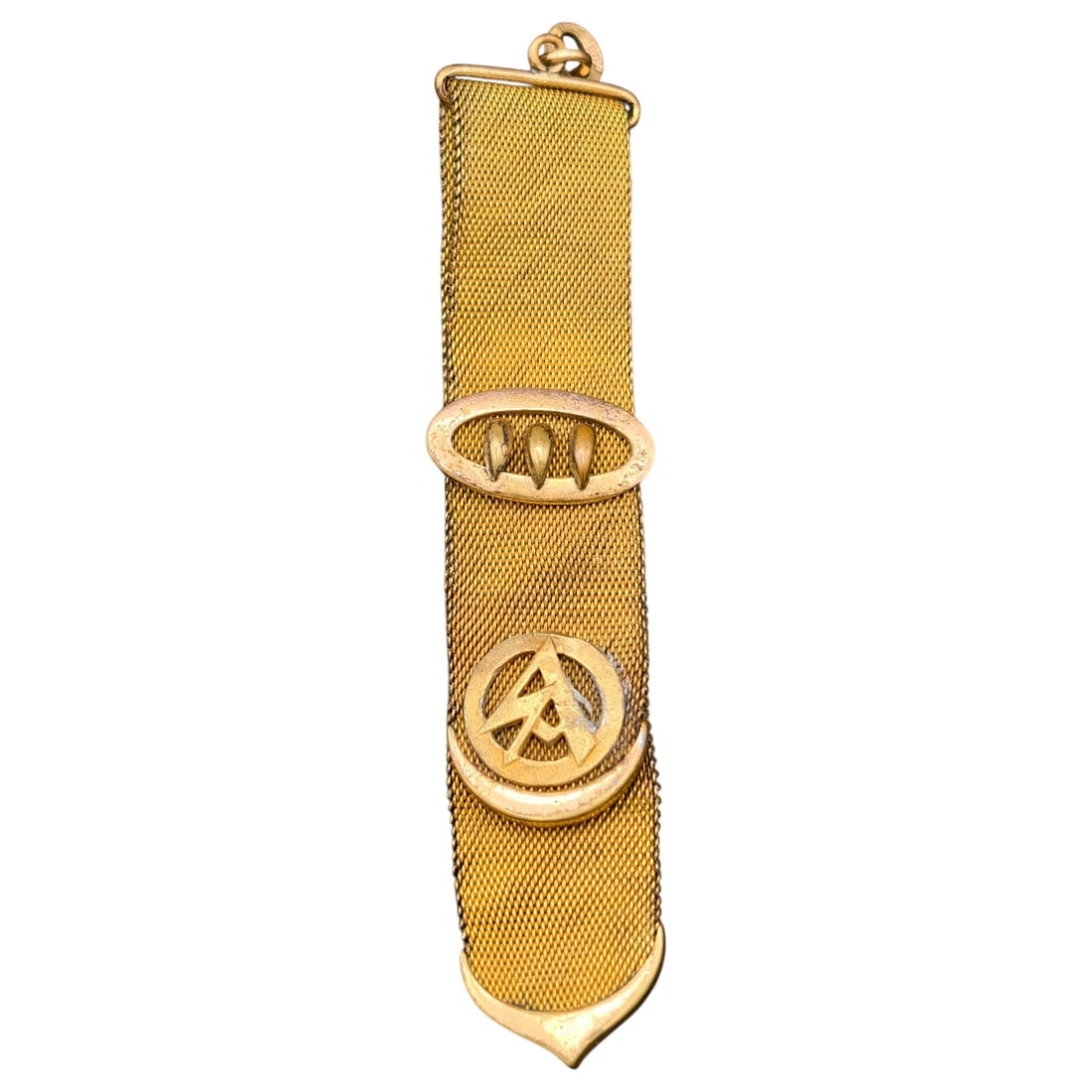 Early Decorative Nazi SA Metal Fob: A gold-tone mesh watch fob/chain with a decorative slide ring featuring a set of tooth-like or claw motifs, and a lower slide bearing a stylized triangle-in-circle emblem associated with SA (Sturmabte
