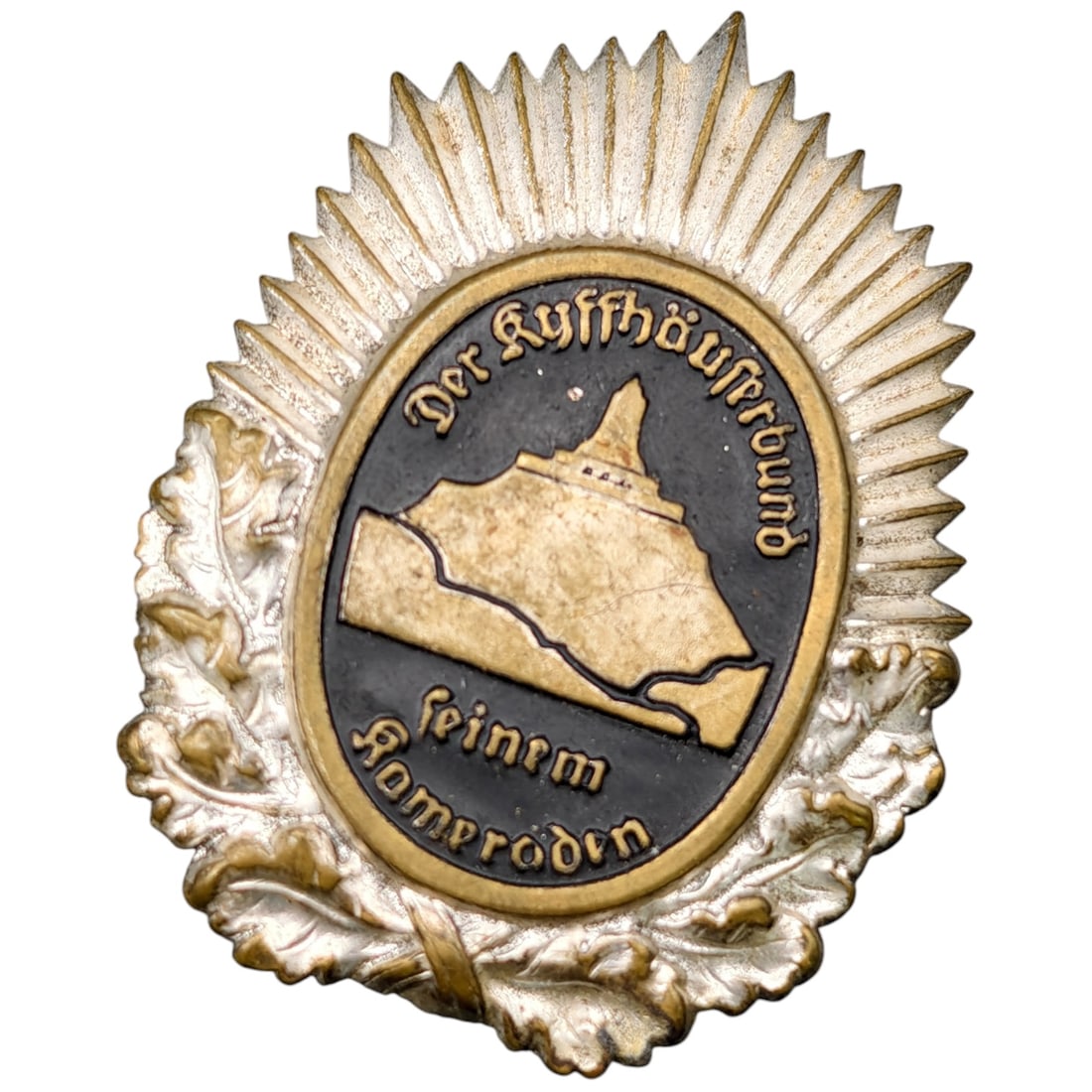 German Kyffhäuserbund Membership Badge - 'Der Kyffhäuserbund Seinem Kameraden': A veterans' association badge issued by the Kyffhäuserbund (German war veterans' league), featuring a two-tone oval medallion depicting the Kyffhäuser Monument atop the mountain, surrounded by a rad