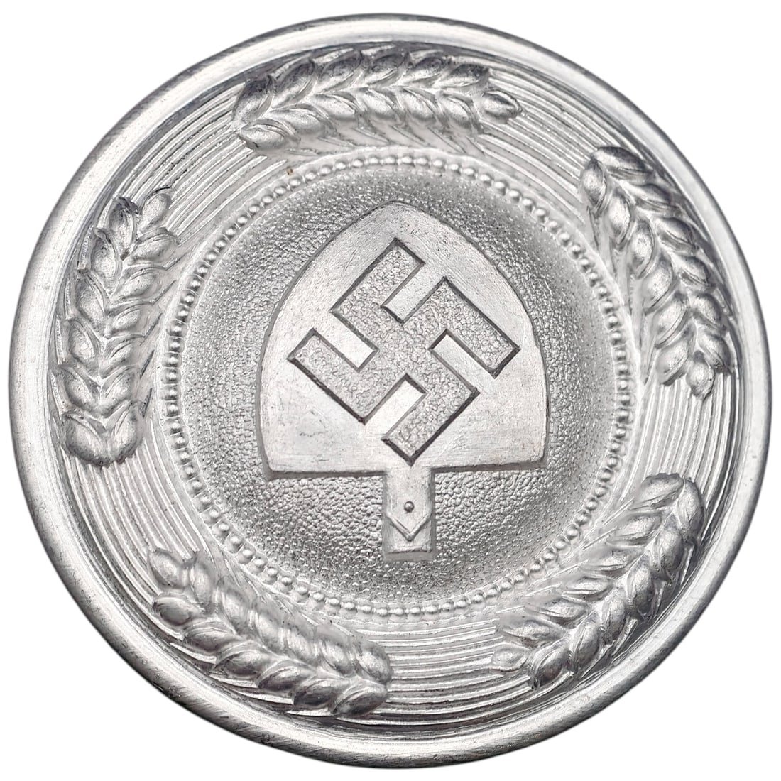 Third Reich Nazi RAD Belt Buckle: A German RAD (Reichsarbeitsdienst) officer's belt buckle featuring a raised spade with swastika device set within a beaded circular border, surrounded by a wreath of wheat sheaves. The reverse shows a