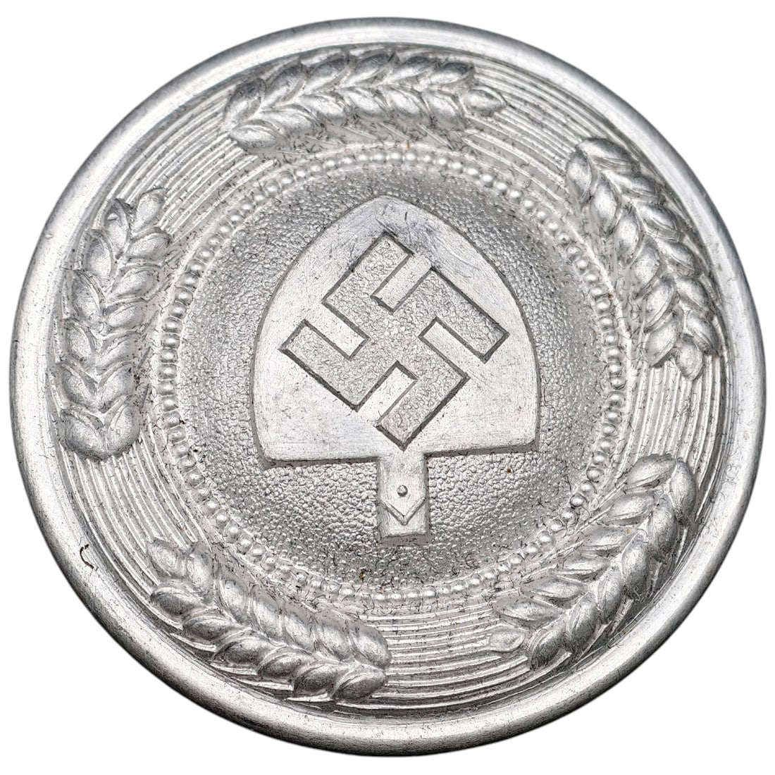 Third Reich Nazi RAD Belt Buckle: A German Reich Labor Service (RAD) officer's belt buckle in what appears to be aluminum, featuring a central spade and swastika emblem surrounded by a wreath of wheat sheaves. The reverse retains its 