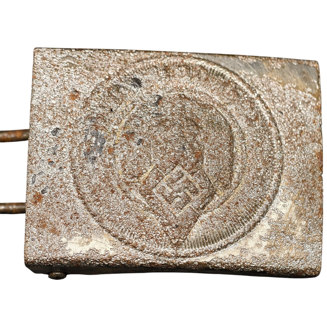 German WWII Hitler Youth (HJ) Belt Buckle: A pressed steel belt buckle featuring an eagle clutching a mobile swastika within a rope-bordered roundel, with pebbled field texture typical of Hitler Youth issue buckles.