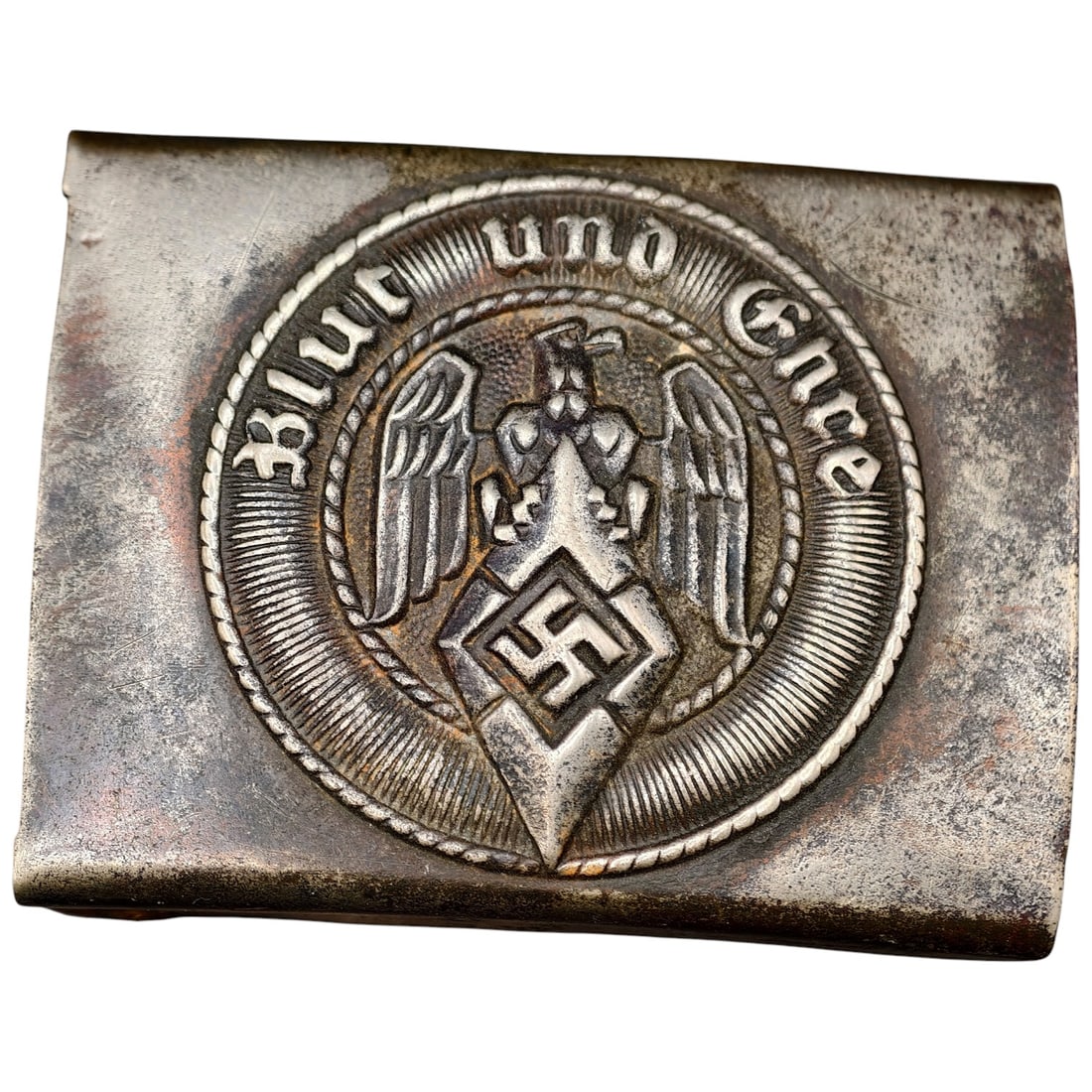 Hitler Youth HJ Belt Buckle: Steel/alloy enlisted-style belt buckle for the Hitler Youth, front face bearing the motto "Blut und Ehre" encircling an eagle above a swastika diamond device. Reverse shows maker initials "A&S" with "