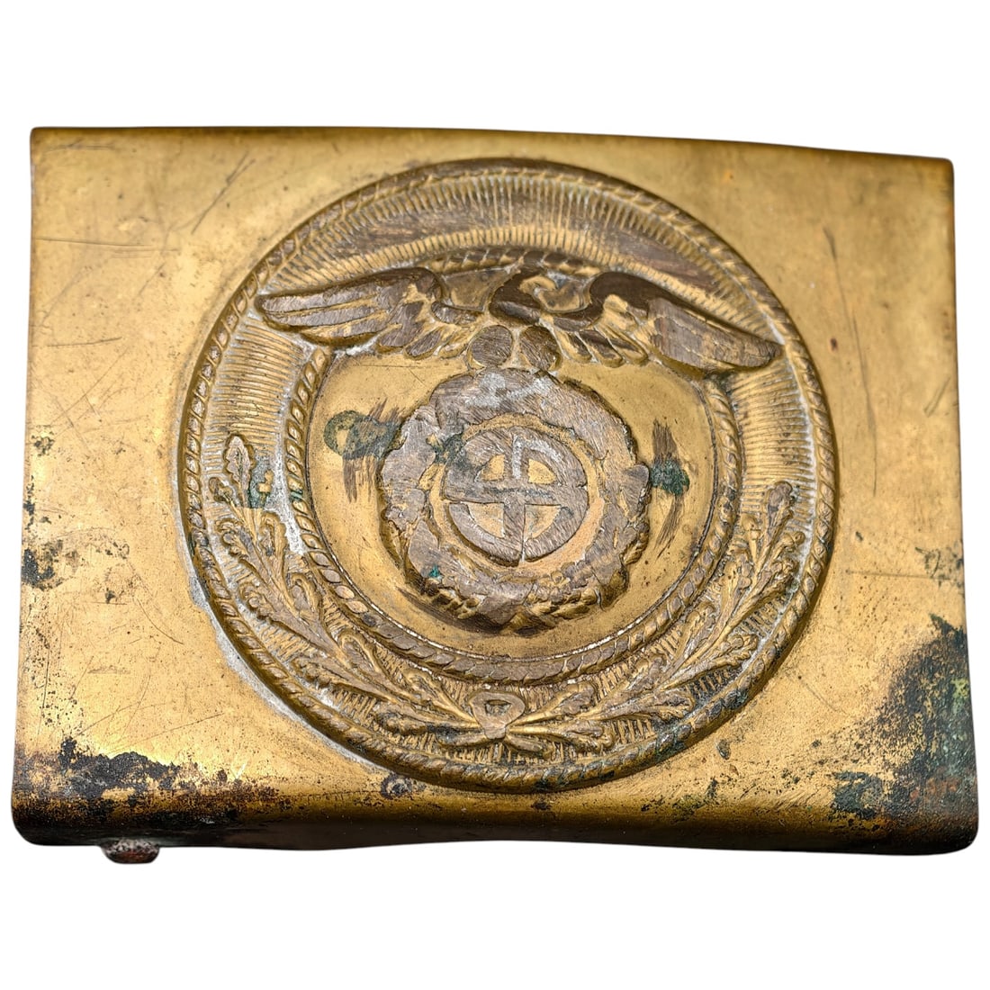 Third Reich NSDAP Early Belt Buckle: Brass belt buckle featuring the SA (Sturmabteilung) eagle clutching a mobile swastika within a wreath, surrounded by a rope-twist border. No visible maker markings noted in the photos.