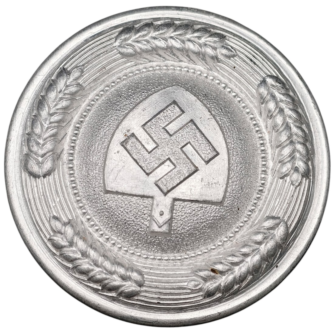 Third Reich Nazi RAD Belt Buckle: Aluminum belt buckle for a RAD (Reichsarbeitsdienst) officer, featuring a central raised swastika within a shield surrounded by a beaded border and wheat sheaf/wreath motif. No maker marks are