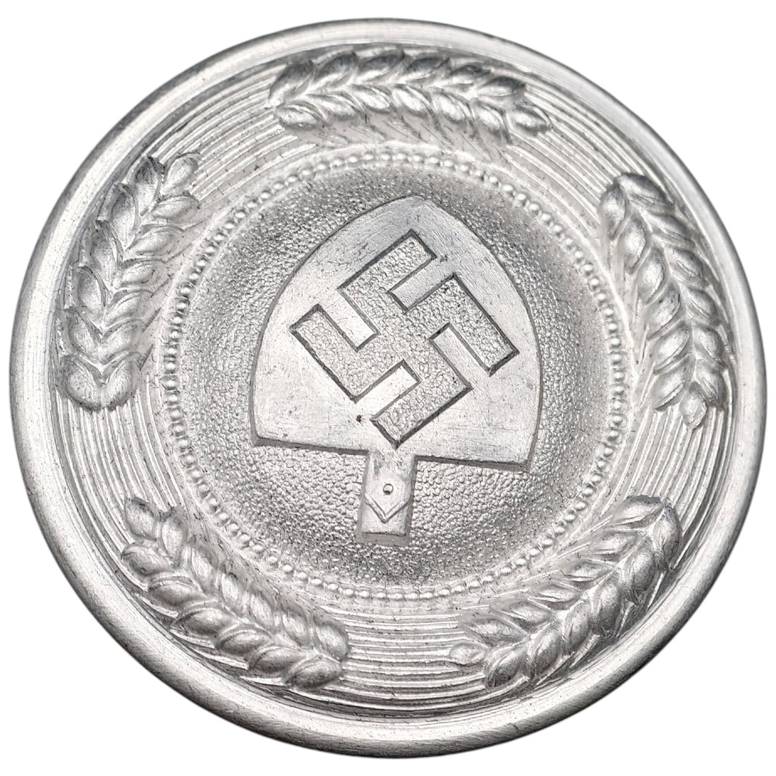 Third Reich Nazi RAD Belt Buckle: A round buckle in what appears to be white-metal (believed to be aluminum alloy) for the Reichsarbeitsdienst (RAD), featuring a central swastika within a stylized spade device, surrounded by