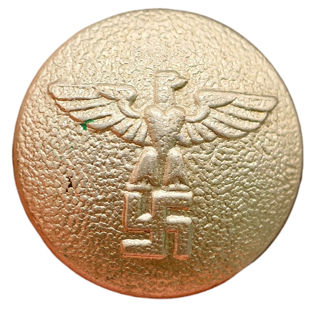 German WWII NSDAP Uniform Button: A pebbled-finish tunic button featuring the Nazi Party eagle (Parteiadler) clutching a swastika within a wreath, likely from an NSDAP political uniform. The reverse shows a shank loop and maker/size