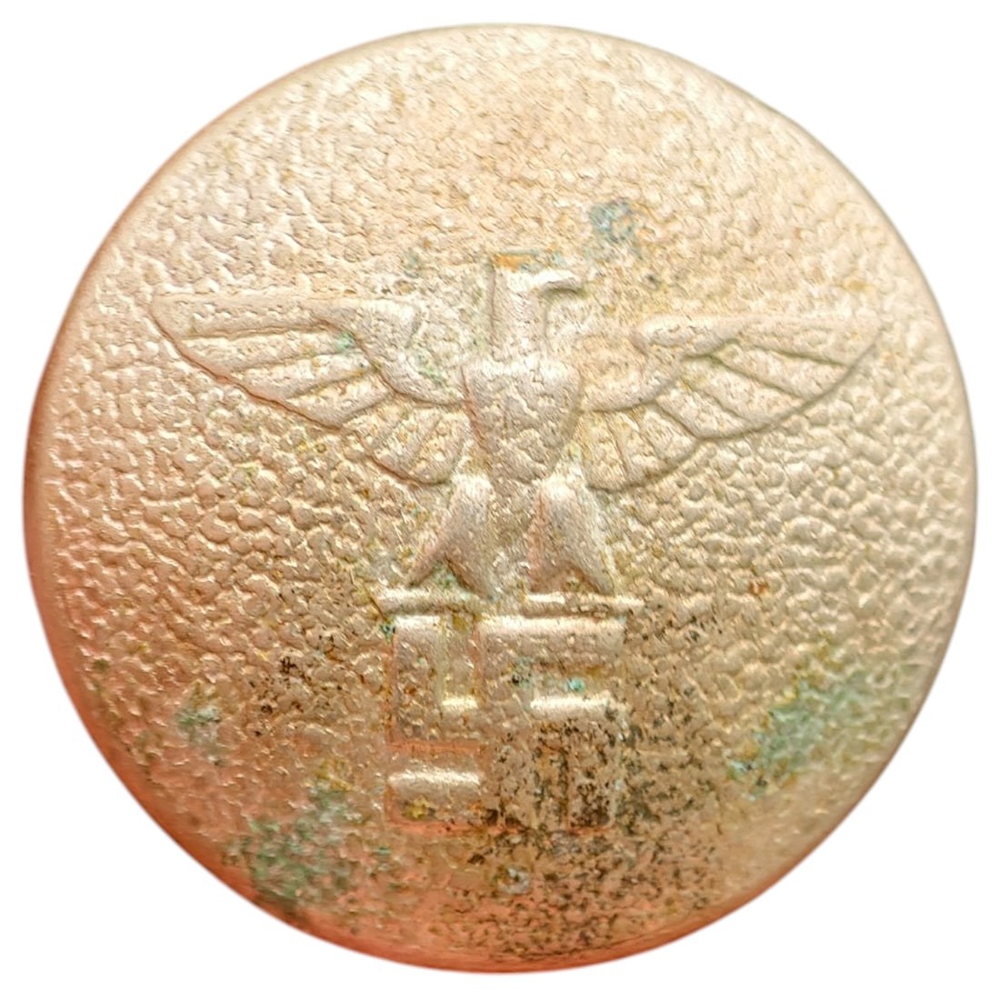 German WWII NSDAP Uniform Button: A pebbled-finish tunic button featuring the Nazi Party eagle (Parteiadler) clutching a swastika within a wreath, likely from an NSDAP political uniform. The reverse shows a shank loop and maker/size