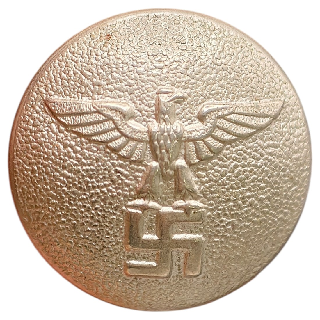 German WWII NSDAP Uniform Button: A pebbled-finish tunic button featuring the Nazi Party eagle (Parteiadler) clutching a swastika within a wreath, likely from an NSDAP political uniform. The reverse shows a shank loop and maker/size m