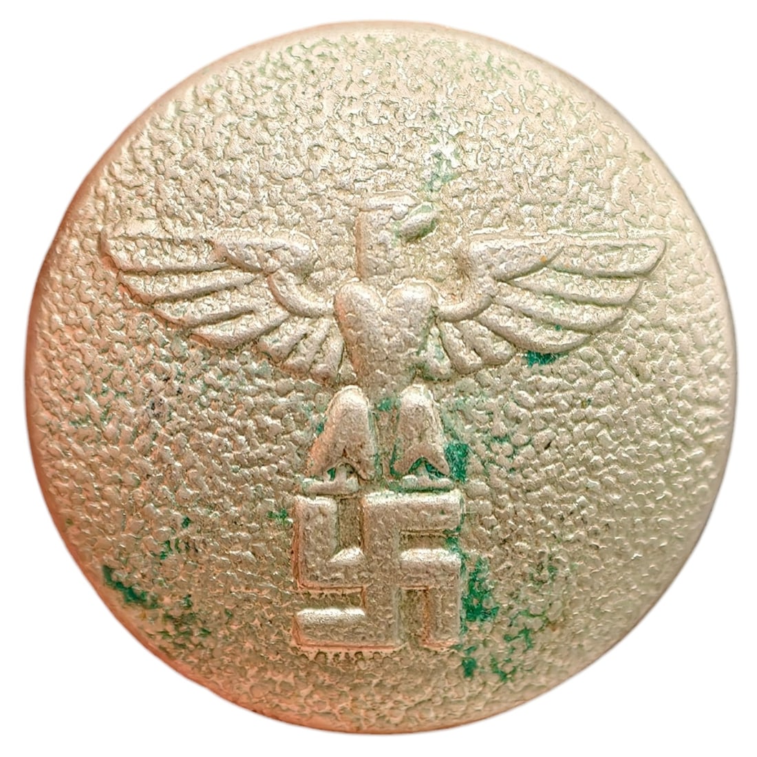 German WWII NSDAP Uniform Button: A pebbled-finish tunic button featuring the Nazi Party eagle (Parteiadler) clutching a swastika within a wreath, likely from an NSDAP political uniform. The reverse shows a shank loop and maker/size m
