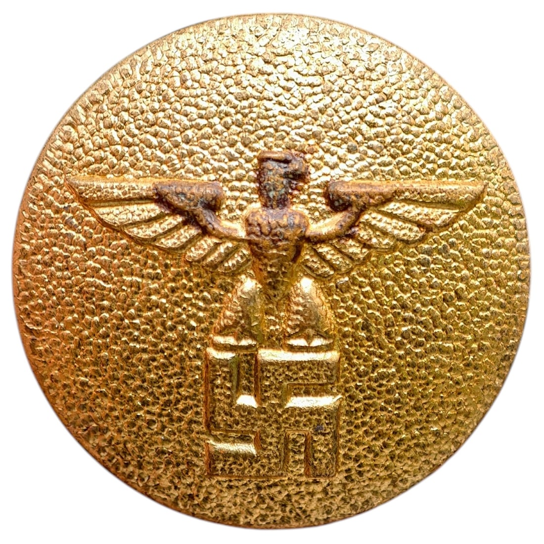 German WWII NSDAP Uniform Button: A pebbled-finish tunic button featuring the Nazi Party eagle (Parteiadler) clutching a swastika within a wreath, likely from an NSDAP political uniform. The reverse shows a shank loop and maker/size m