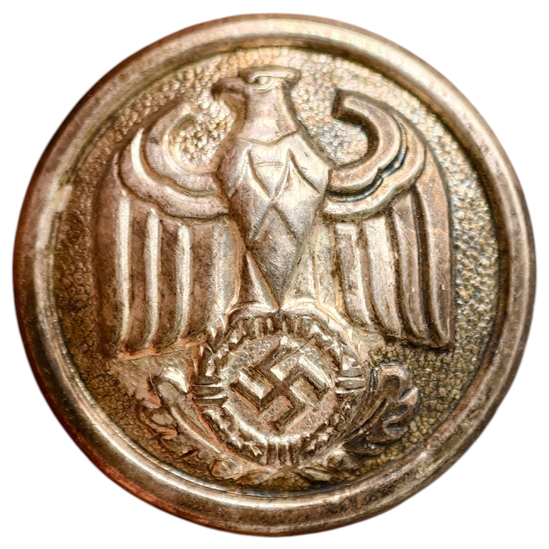 Nazi German Uniform Button - Diplomatic / Eastern Occupied Territories - RARE: A large domed uniform button featuring the German national eagle (Reichsadler) grasping a wreathed swastika. The reverse is maker-marked "BRÜDER SCHNEIDER AG WIEN," a known Austrian button and insign