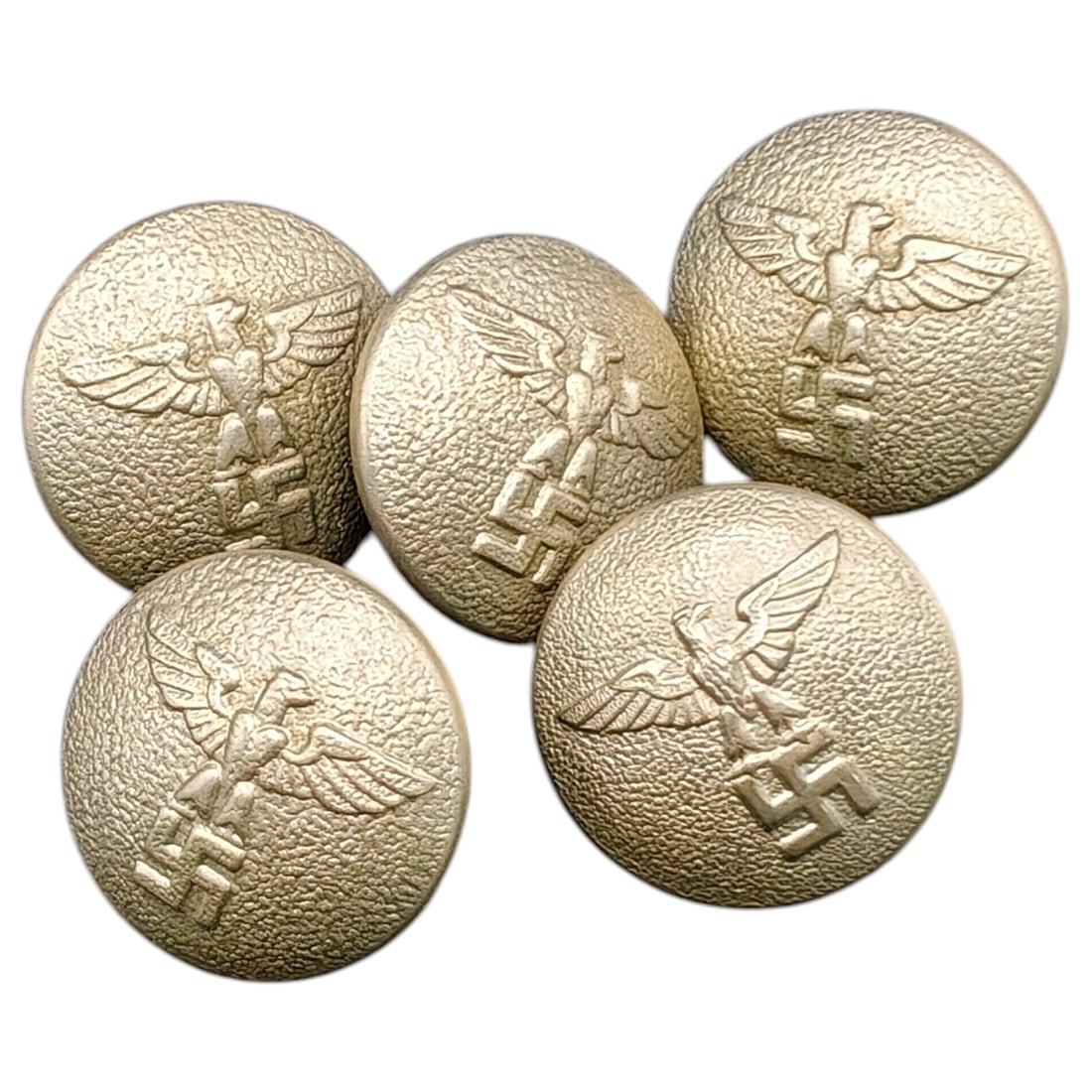 German WWII Third Reich Eagle Uniform Buttons - Set: A set of uniform buttons featuring the Third Reich eagle atop a mobile swastika, textured field background. Reverse shows pebbled shank-mount construction with a manufacturer's makers stamp reading "U