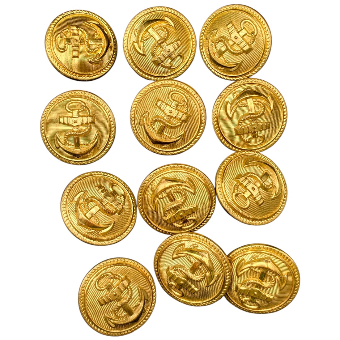 German Naval Anchor Buttons by C.Th. Dicke, Lüdenscheid: A set of gilt-brass uniform buttons featuring a fouled anchor motif surrounded by a rope-twist border, consistent with naval or maritime dress uniform buttons. Reverse shanks are stamped "C.TH. DICKE 