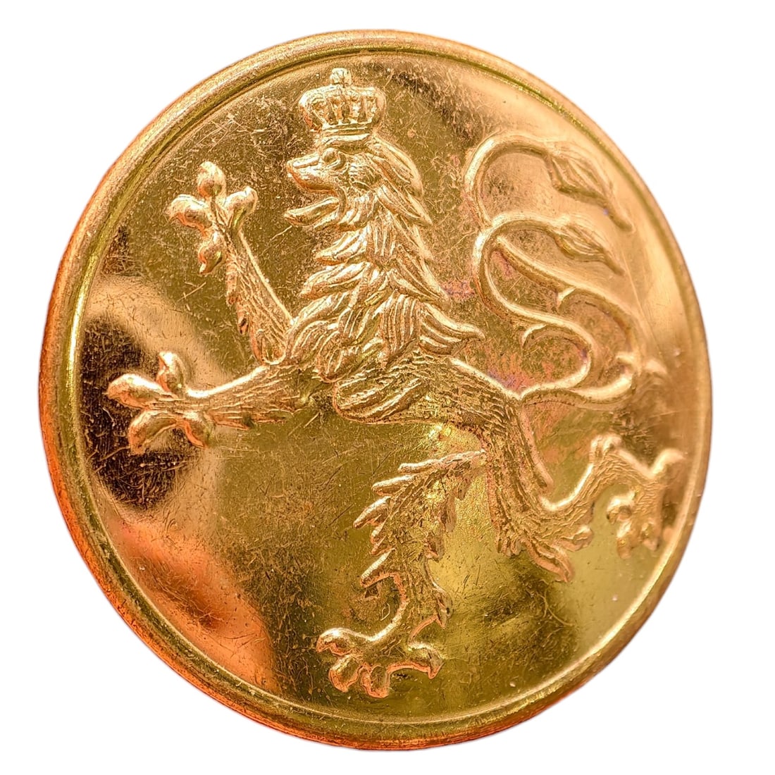 Gilt Brass Livery Button with Crowned Rampant Lion and "S" Cipher: A gilt brass livery/uniform button featuring a crowned rampant lion facing a stylized letter "S" monogram, likely representing a noble house or institutional crest. The reverse bears the raised maker'