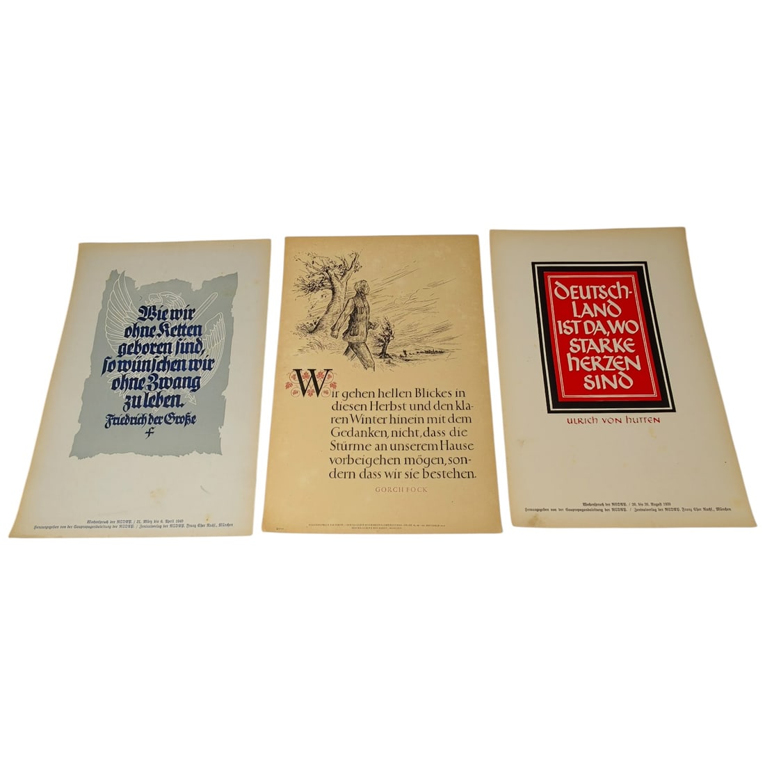 German WWII Wochenspruch der NSDAP Weekly Slogan Sheets - Set: A set of printed weekly slogan sheets (Wochenspruch der NSDAP), each featuring a quotation attributed to historical German figures (Friedrich der Große, Gorch Fock, and Ulrich von Hutten) with styliz